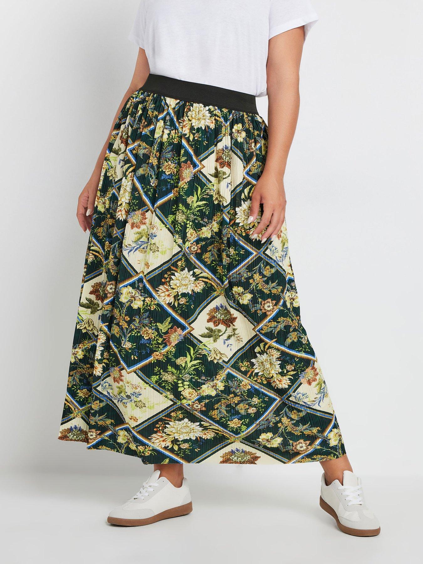 yours-curve-geometric-floral-pleated-skirt-green