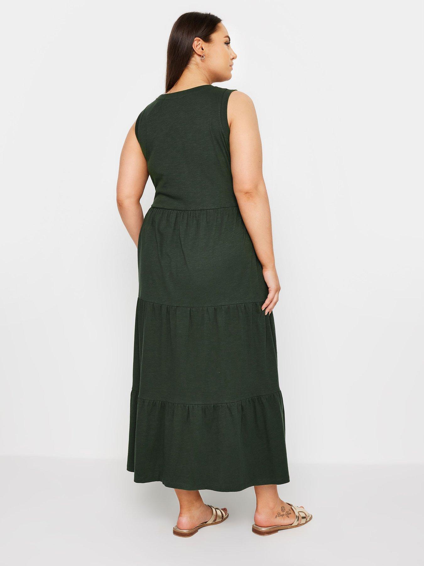 yours-curve-sleeveless-ribbed-trim-tiered-midaxi-dress-greenstillFront