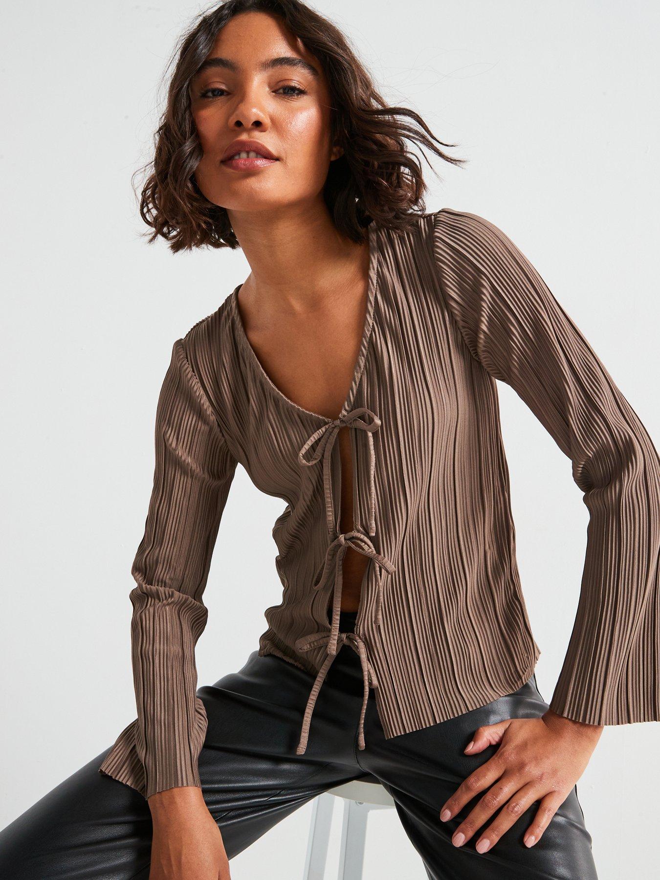 jdy-long-sleeve-tie-pleat-top-brown