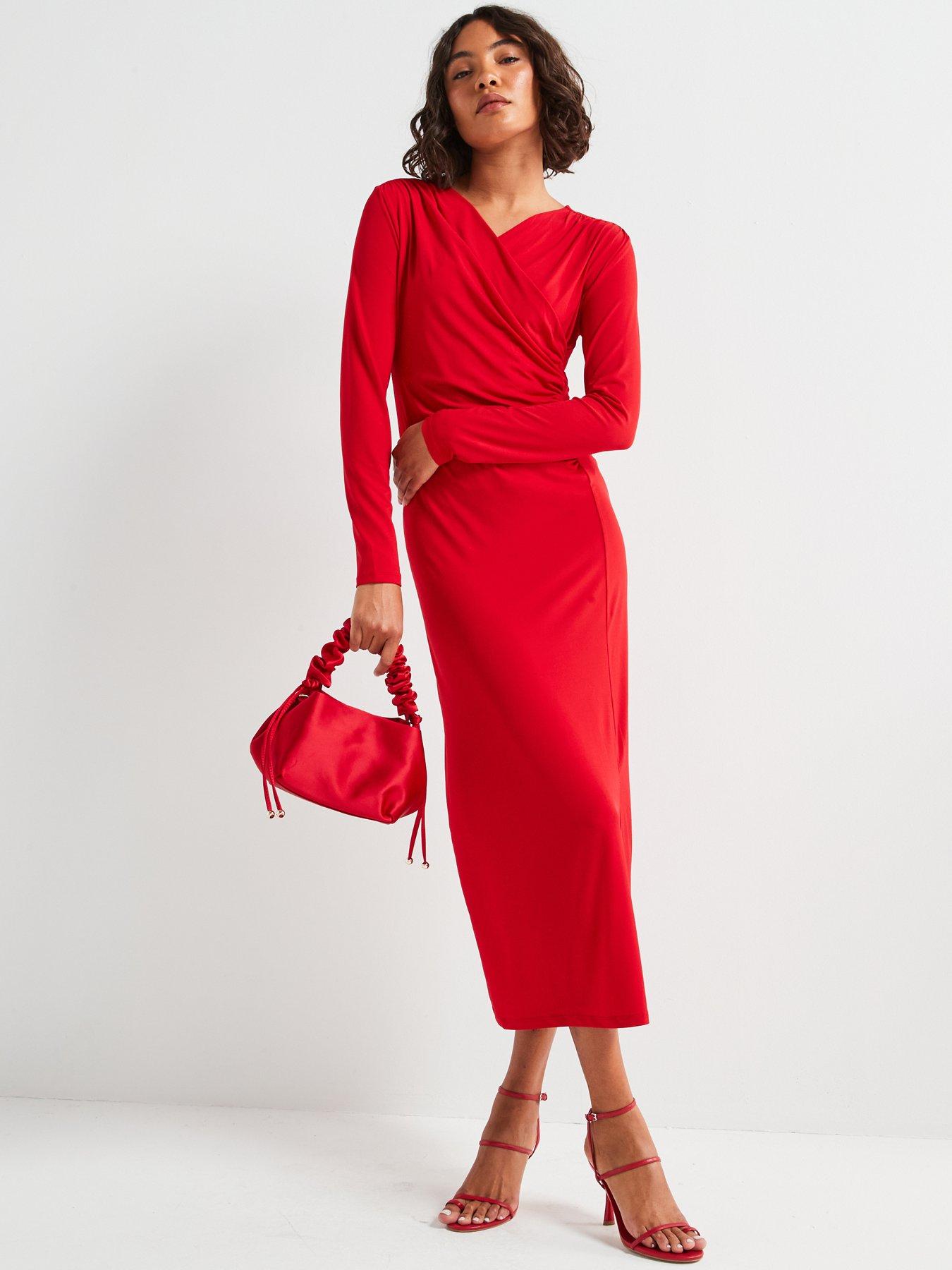 vero-moda-v-neck-ruched-detail-long-sleeve-maxi-dress-red