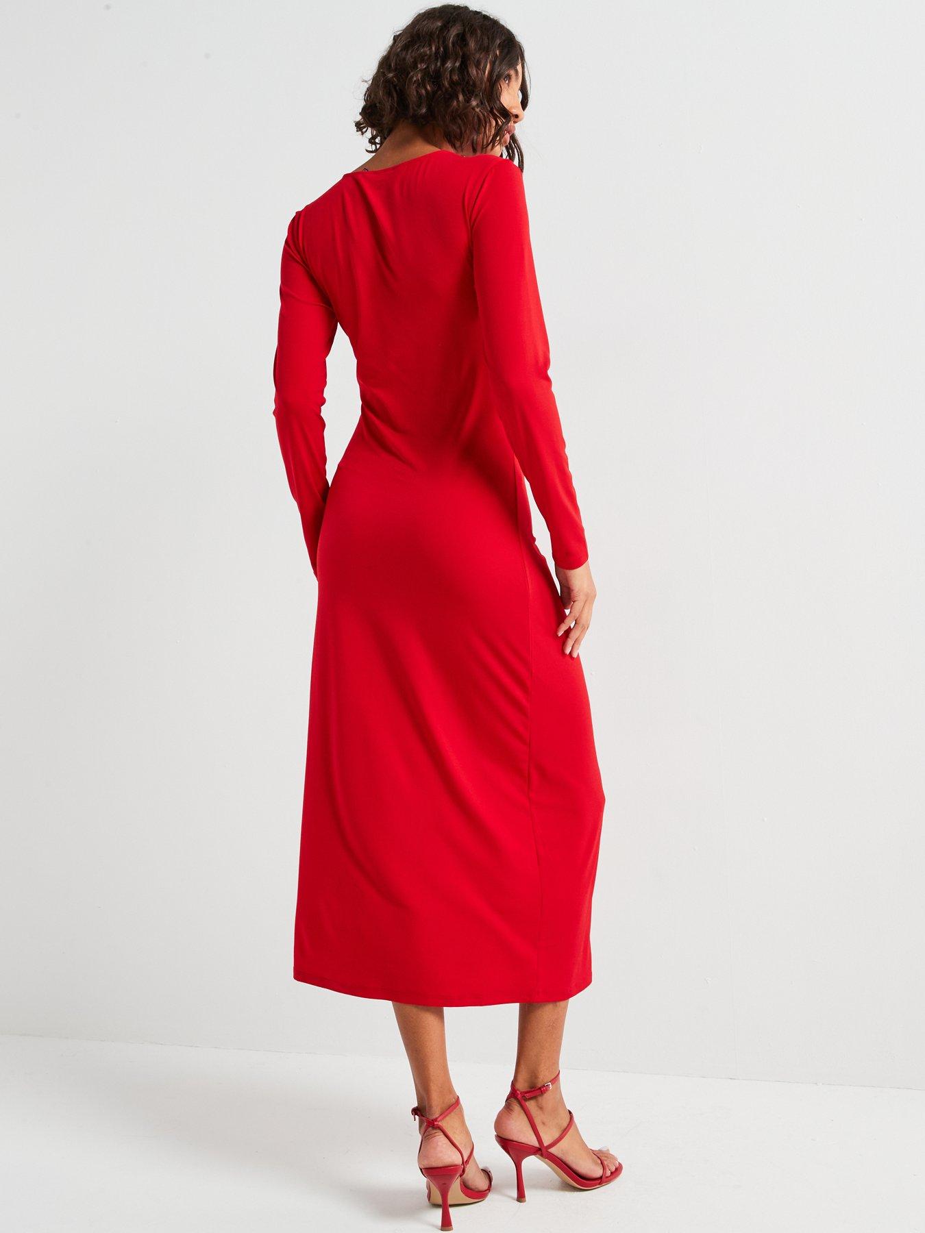 vero-moda-v-neck-ruched-detail-long-sleeve-maxi-dress-redstillFront