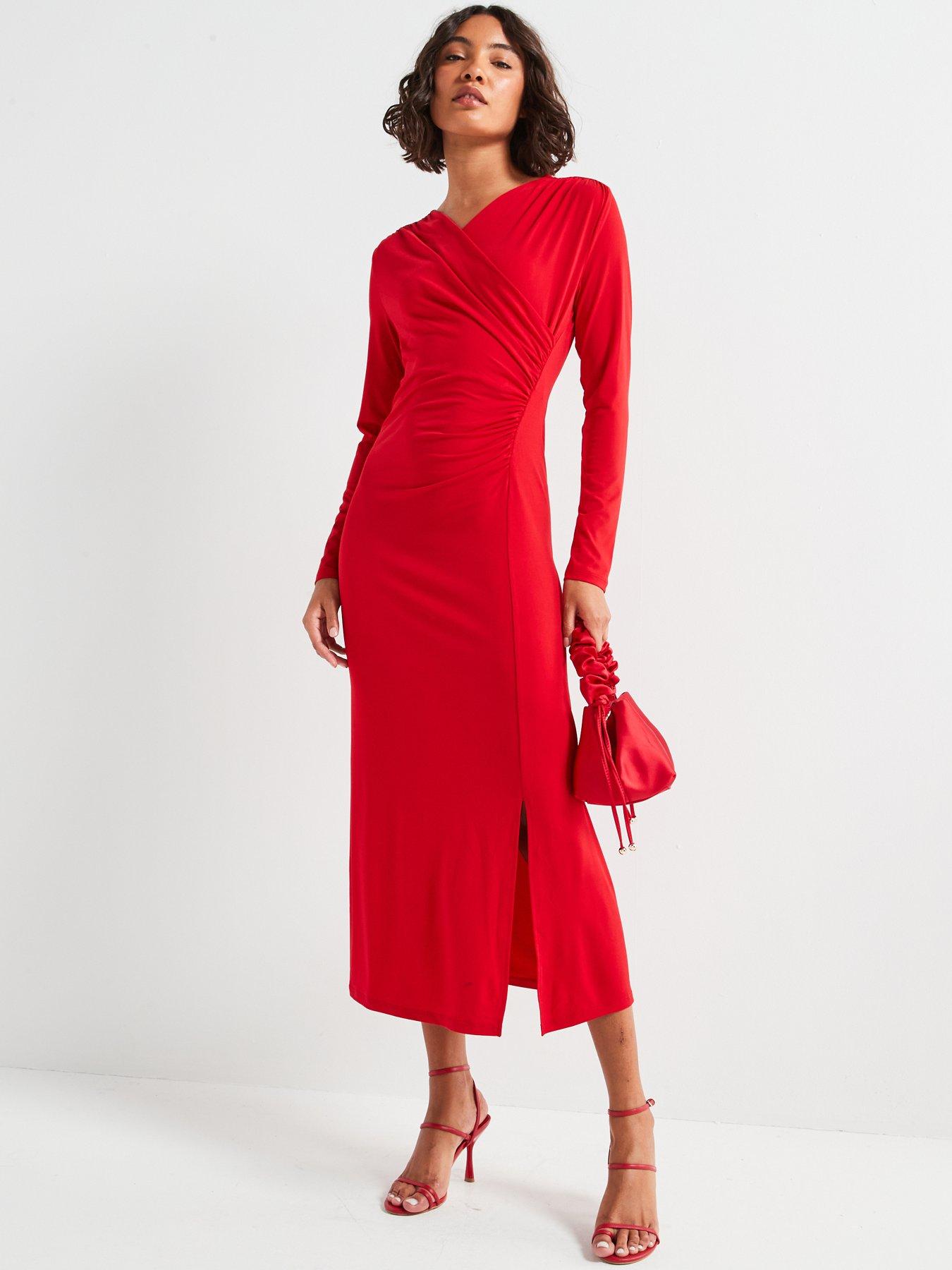 vero-moda-v-neck-ruched-detail-long-sleeve-maxi-dress-redback