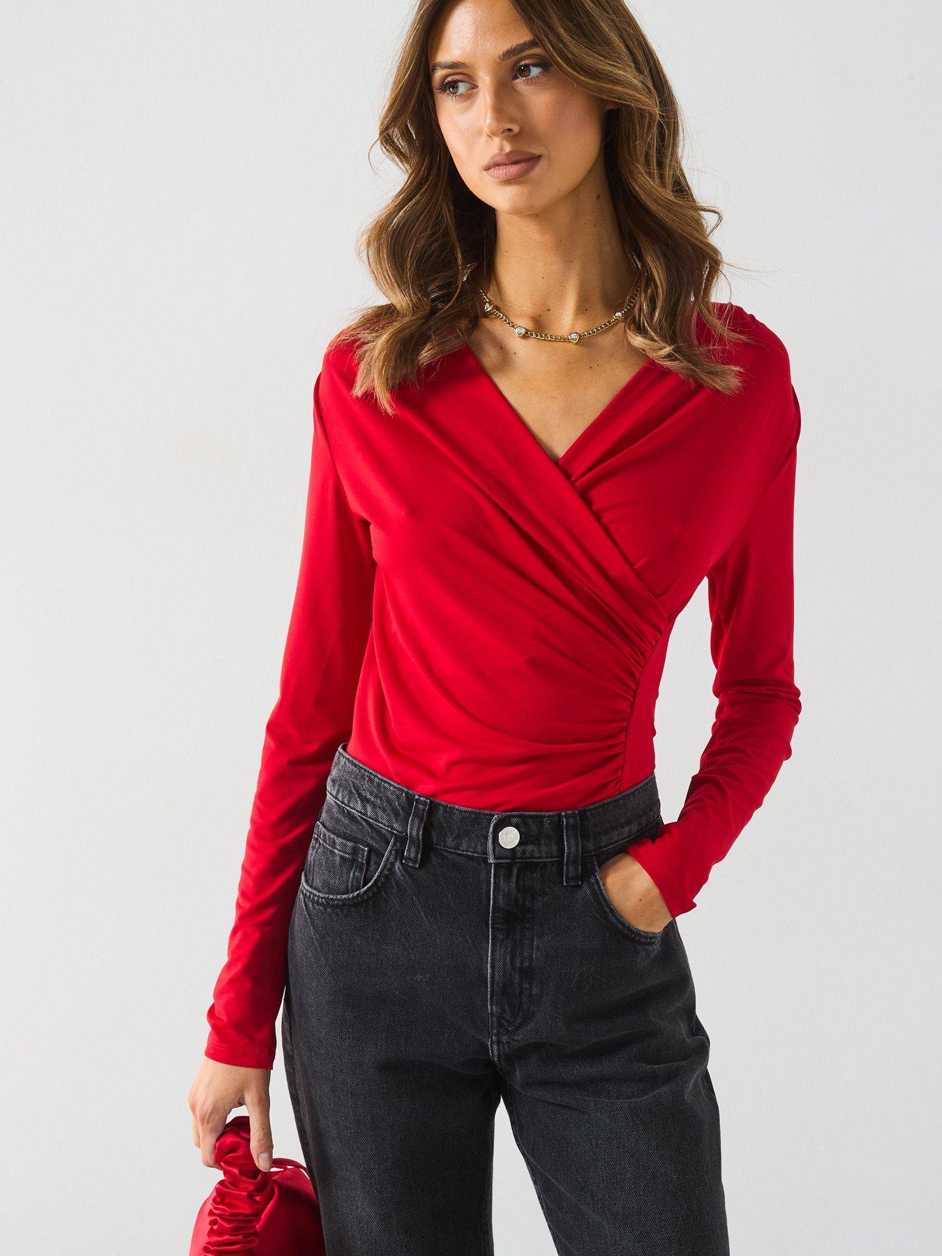 vero-moda-v-neck-ruched-detail-long-sleeve-bodysuit-red