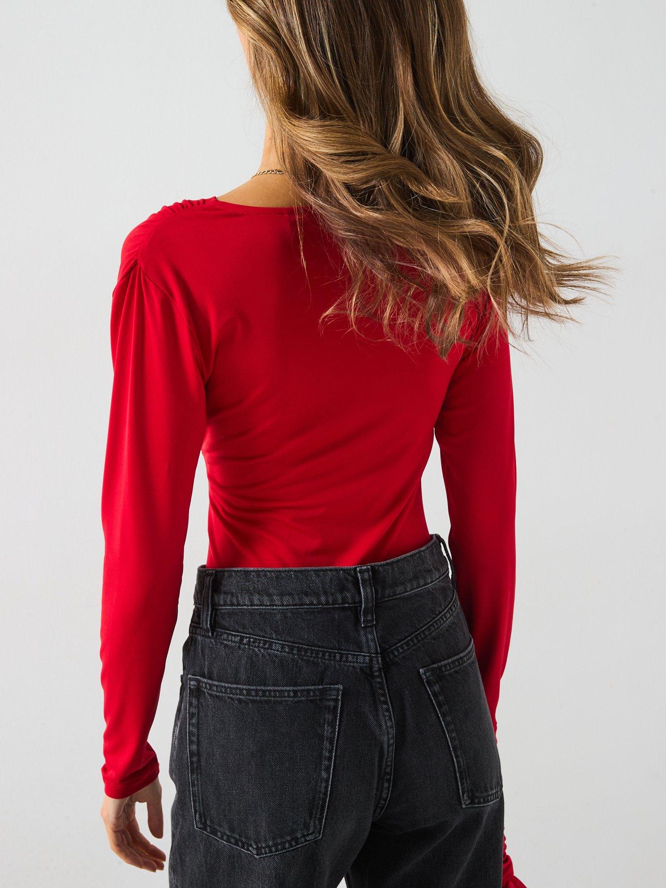 vero-moda-v-neck-ruched-detail-long-sleeve-bodysuit-redstillFront