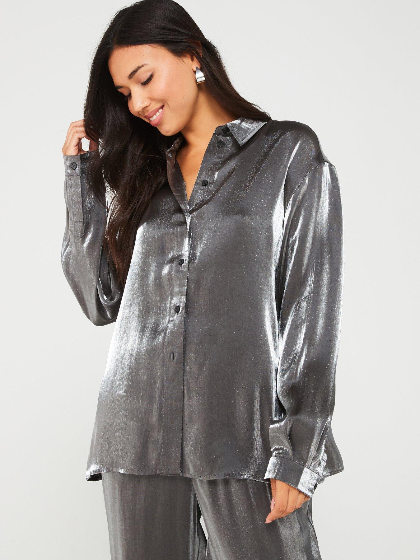 pieces-long-sleeve-metallic-shirt-silver