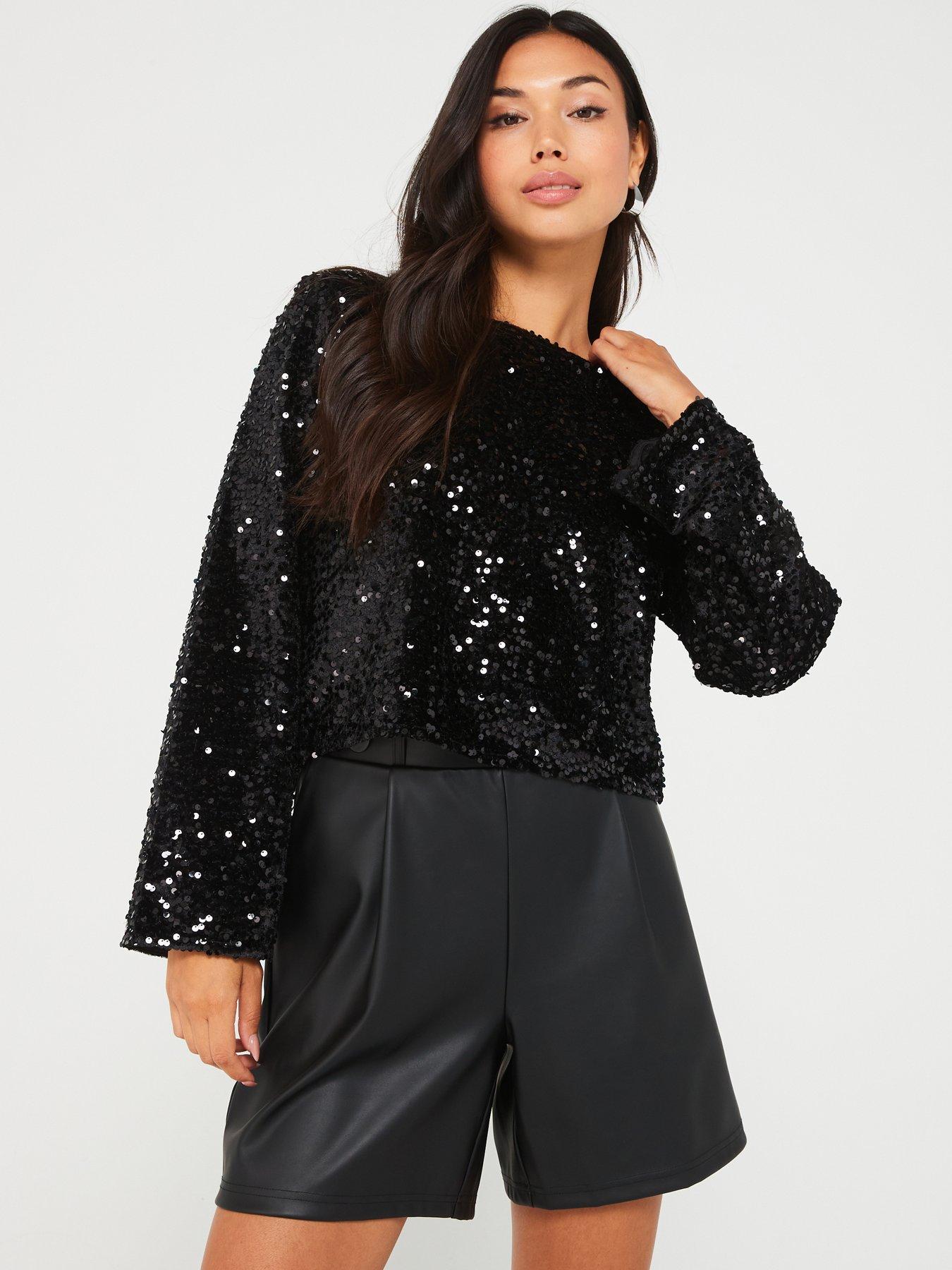 jdy-sequin-long-sleeve-bow-detail-top-black