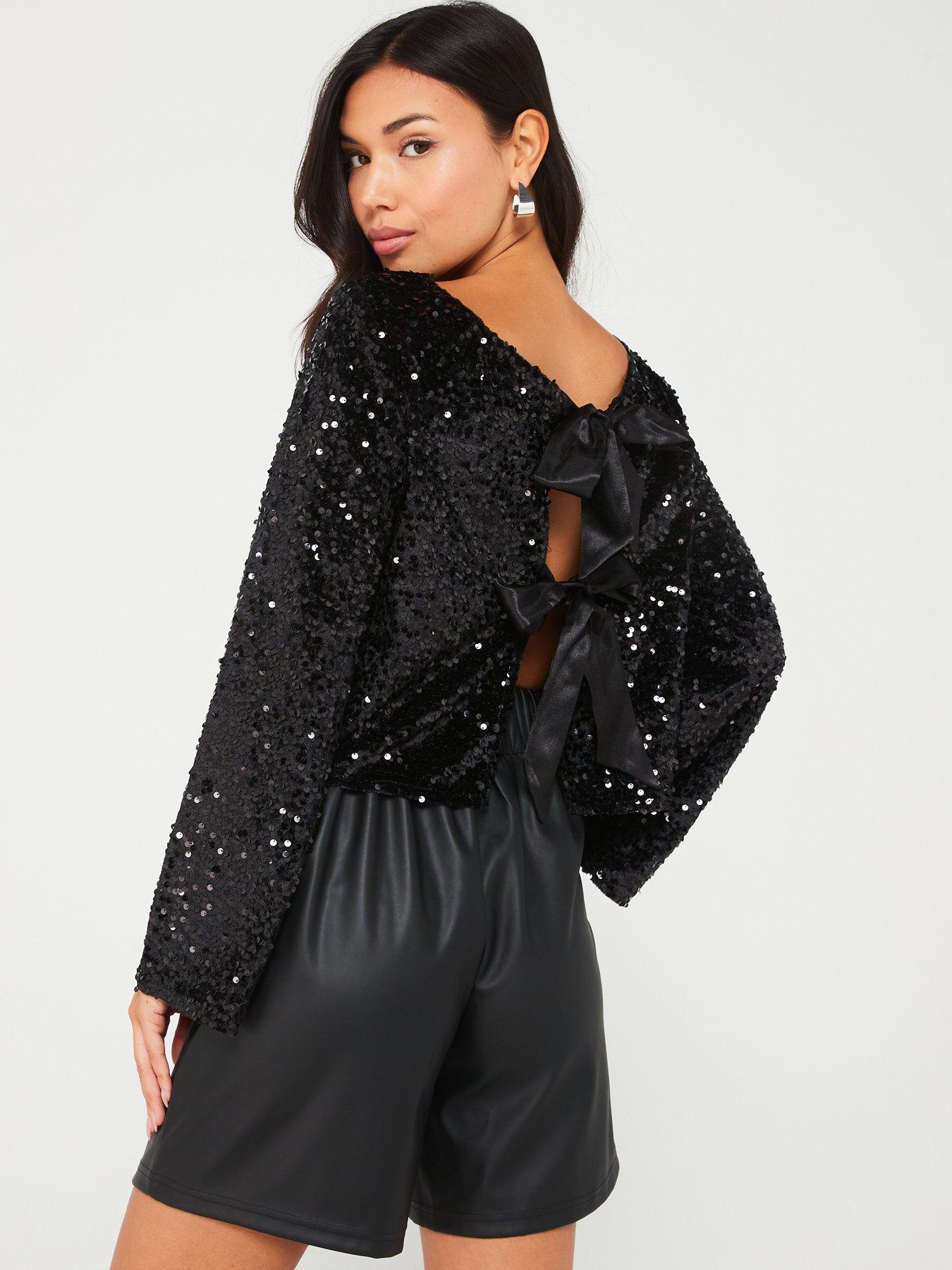 jdy-sequin-long-sleeve-bow-detail-top-blackstillFront