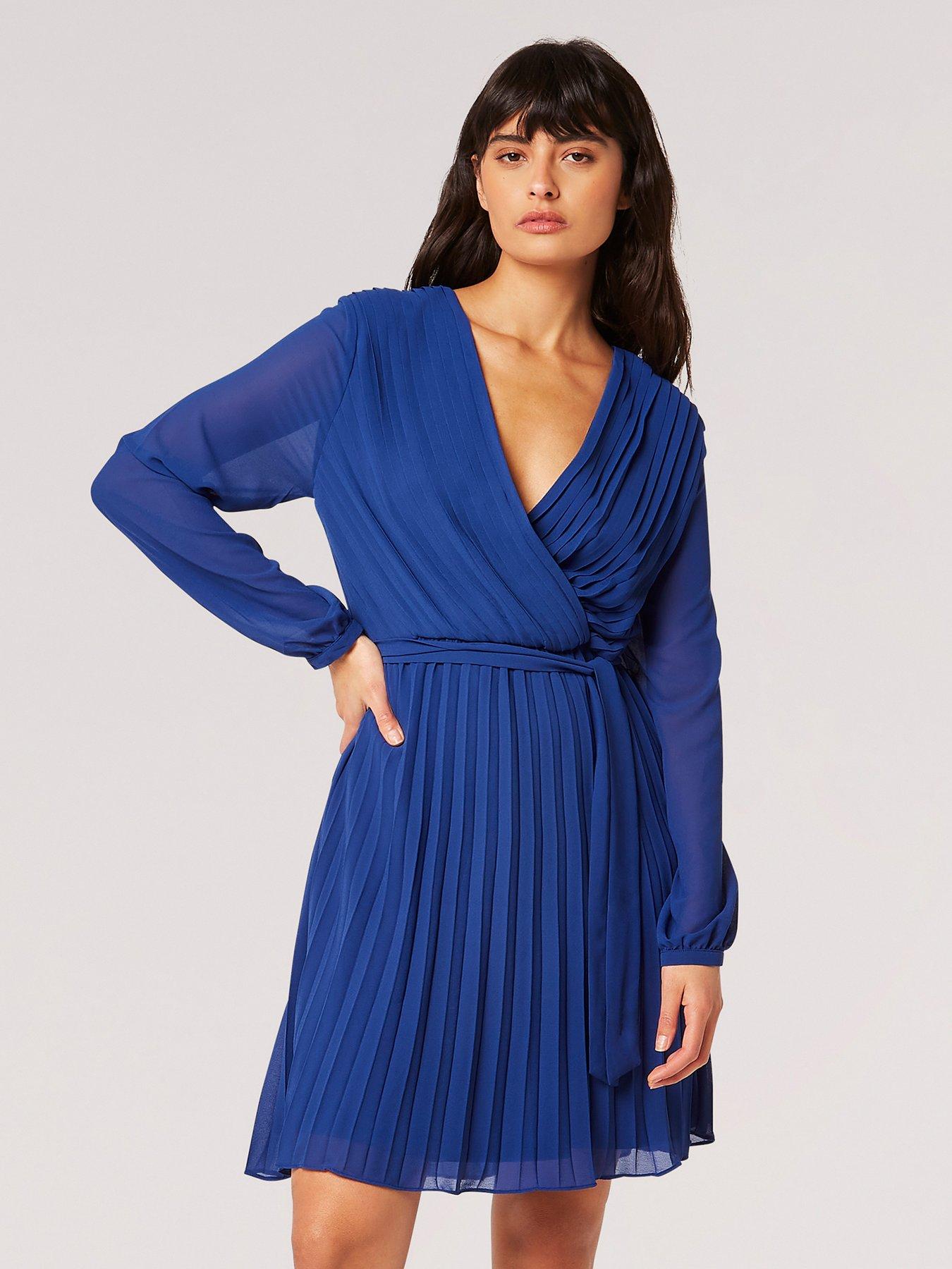 Apricot Pleated Long Sleeve Chiffon Wrap Dress Blue Very Ireland