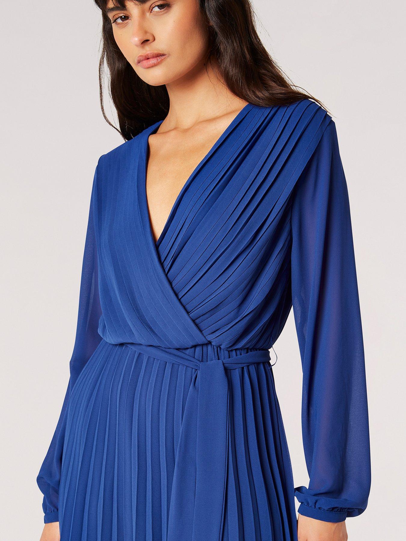 apricot-pleated-long-sleeve-chiffon-wrap-dress-blueback