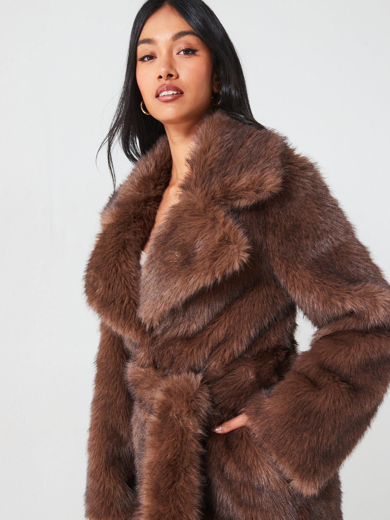 V by Very Longline Faux Fur Belted Coat - Chocolate | Very Ireland
