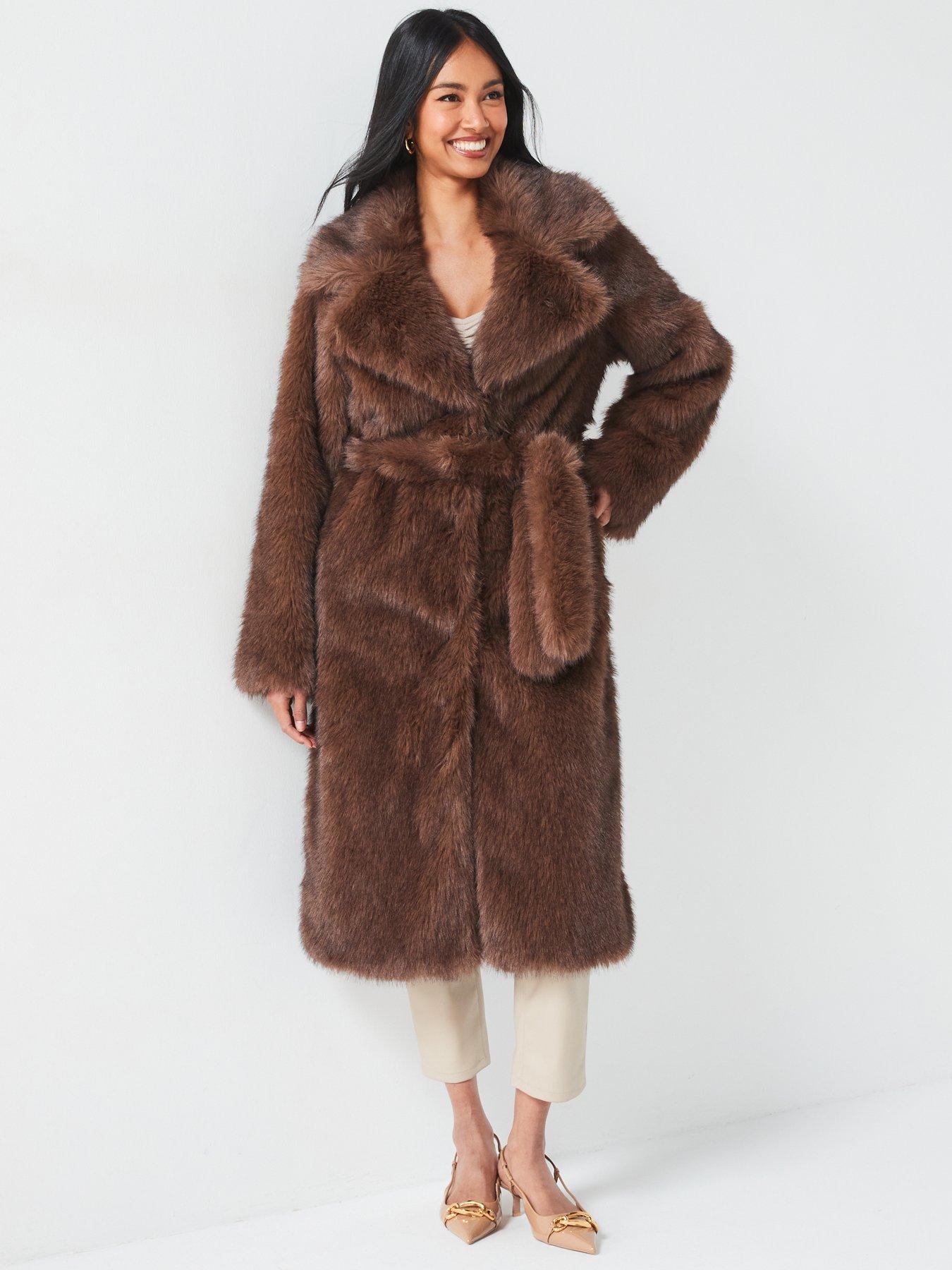 V by Very Longline Faux Fur Belted Coat - Chocolate | Very Ireland