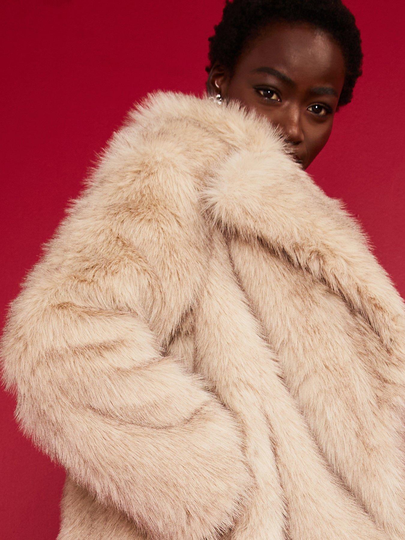 Riu リウ Fur short coat V by Very Faux Fur Revere Collar Coat - Light Beige | Very Ireland
