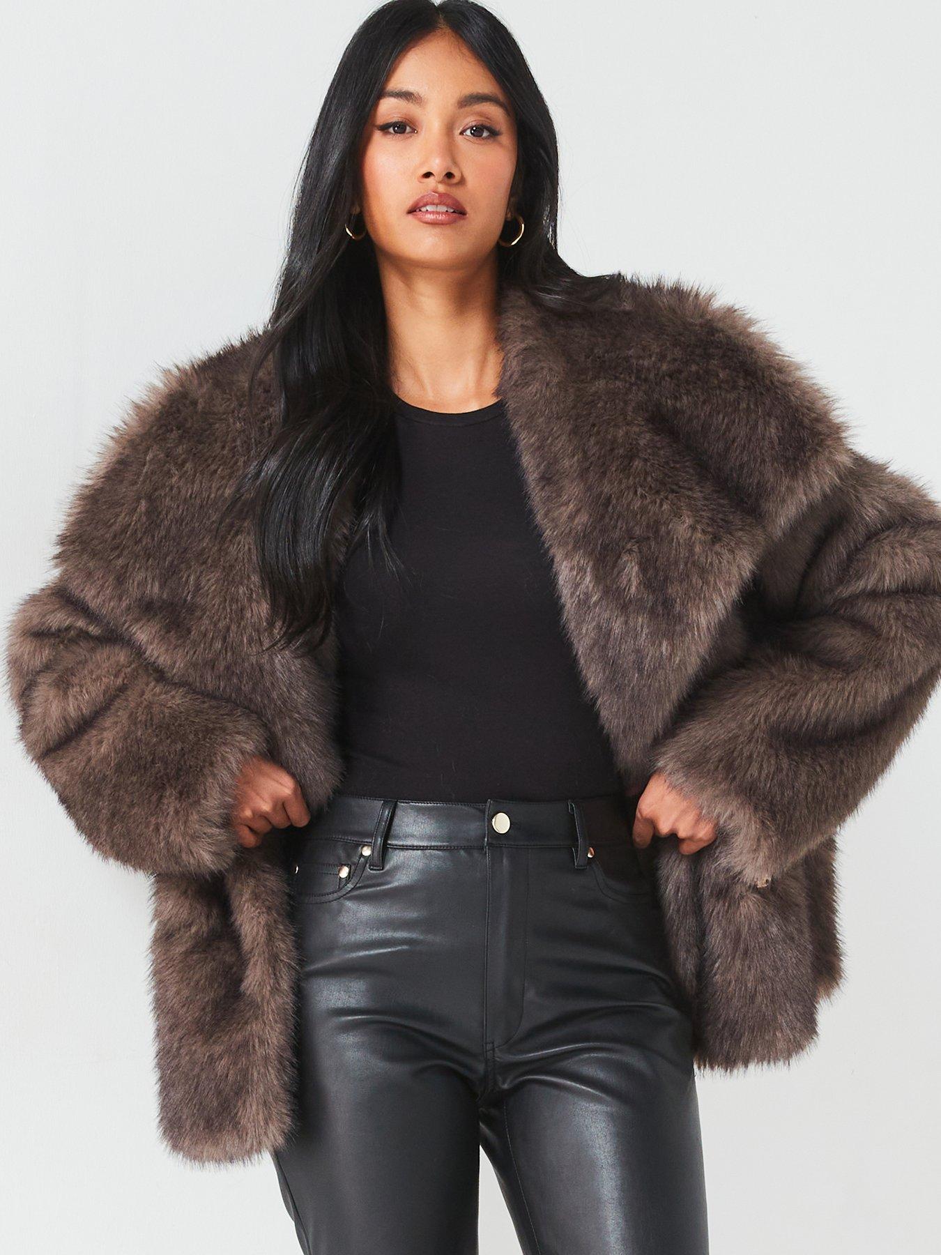 V by Very Longline Shawl Collar Faux Fur Coat Brown Very Ireland