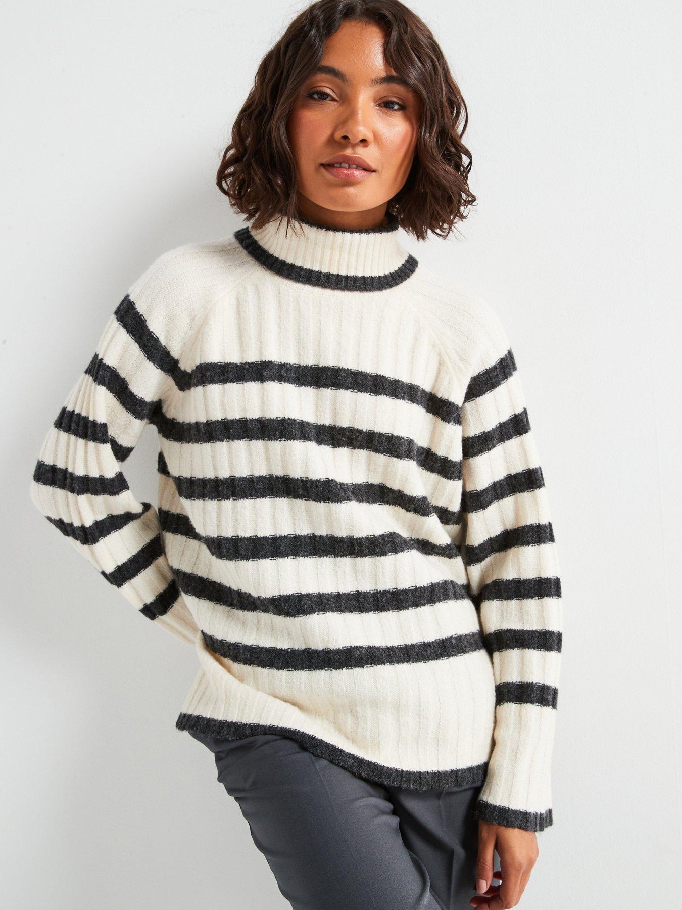 Image 1 of 6 of JDY High Neck Stripe Jumper - Beige