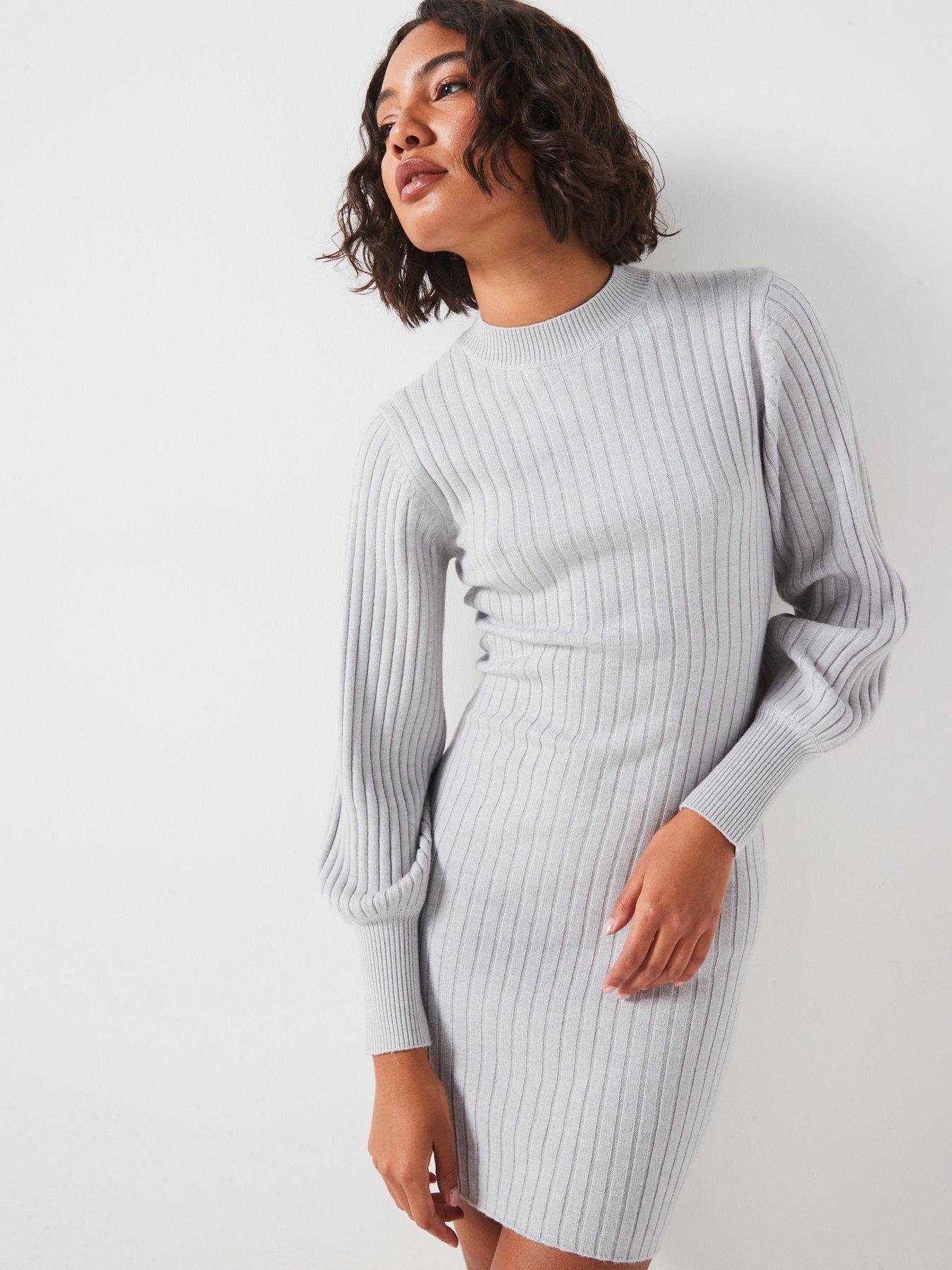 jdy-volume-sleeve-knitted-mini-dress-grey