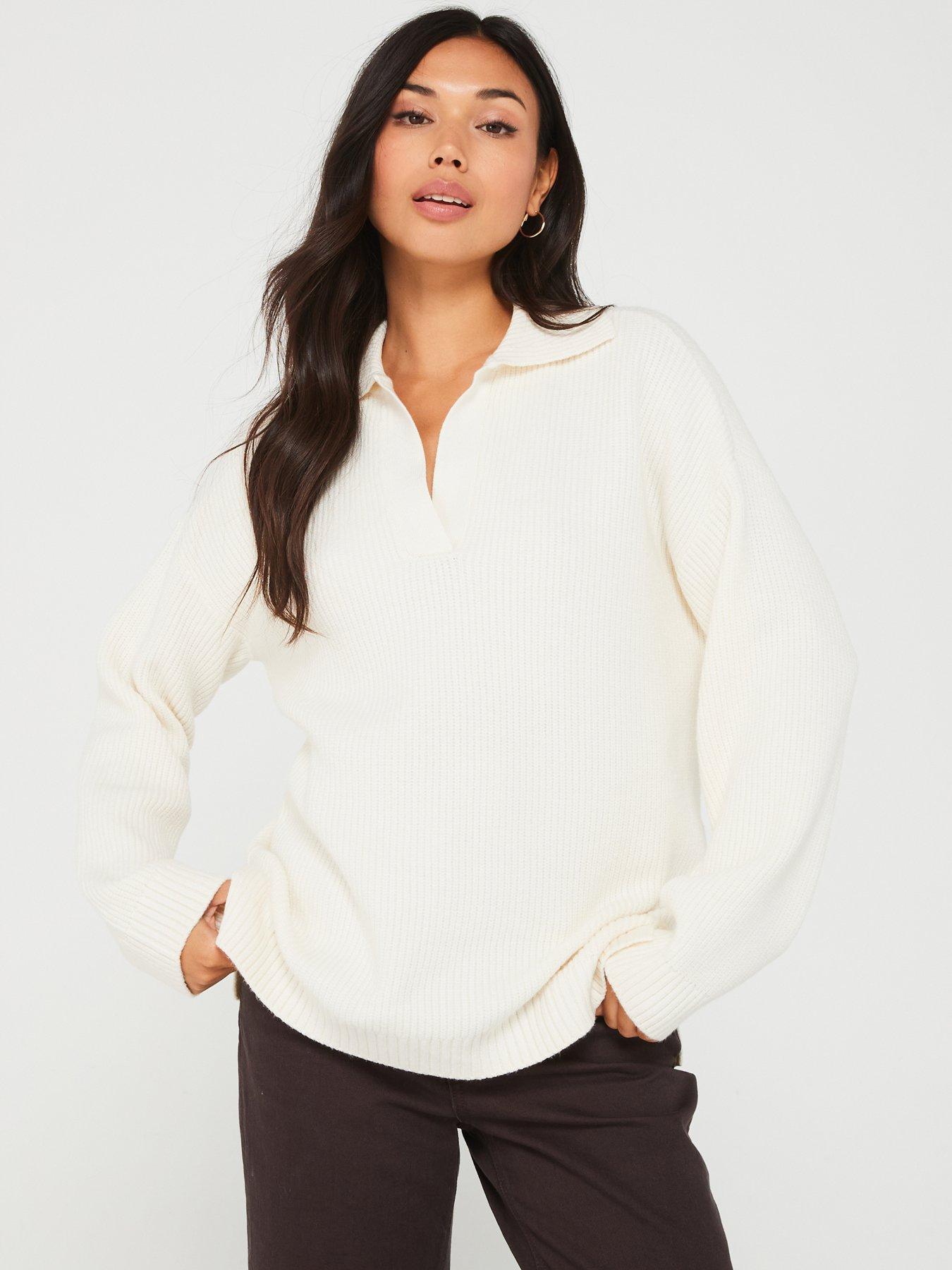 vero-moda-long-sleeve-v-neck-collared-pullover-cream