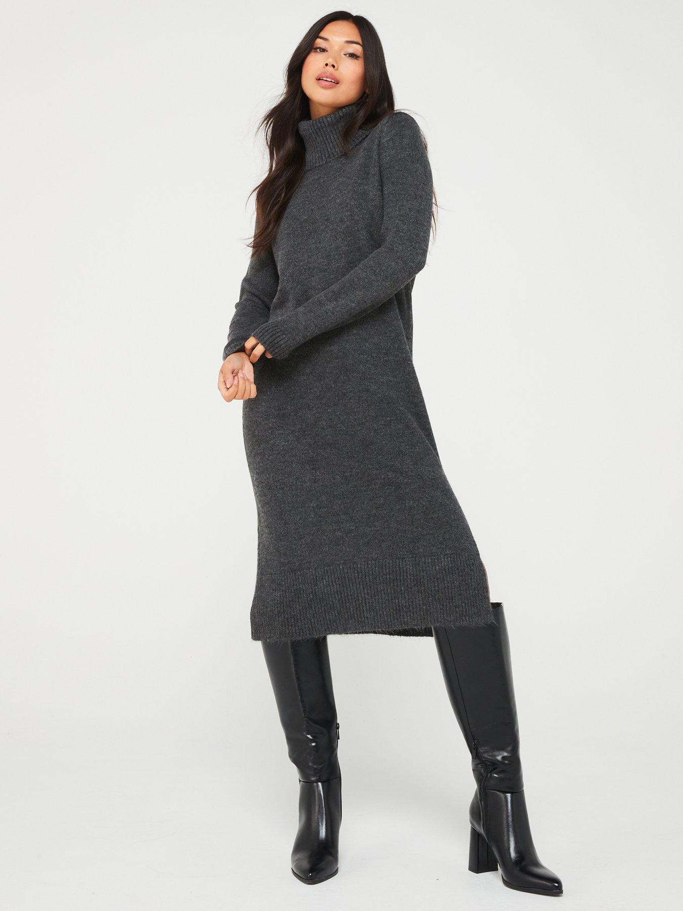 undefined Roll Neck Knitted Midi Dress - Grey