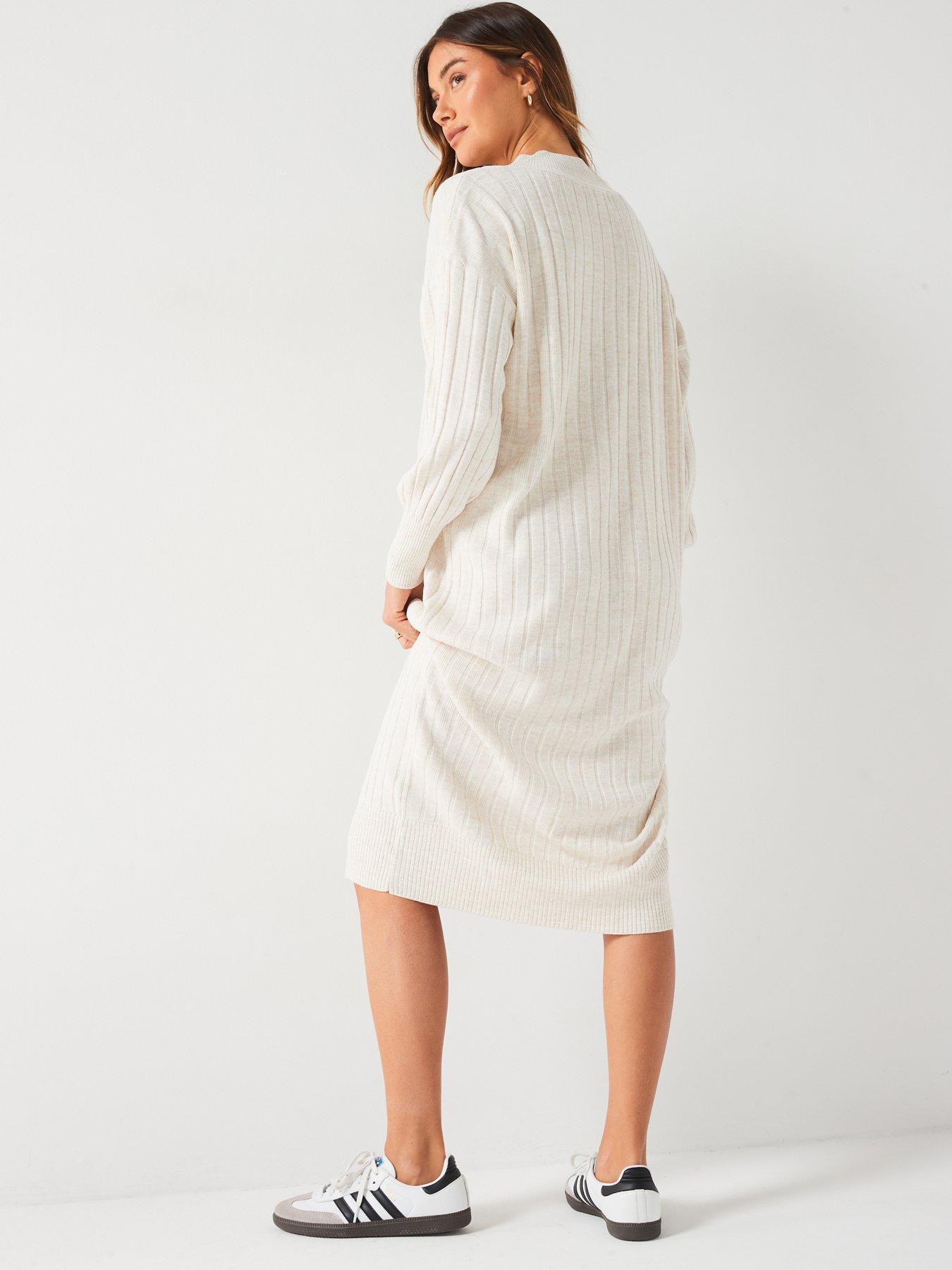 only-v-neck-long-sleeve-knitted-midi-dress-beigestillFront