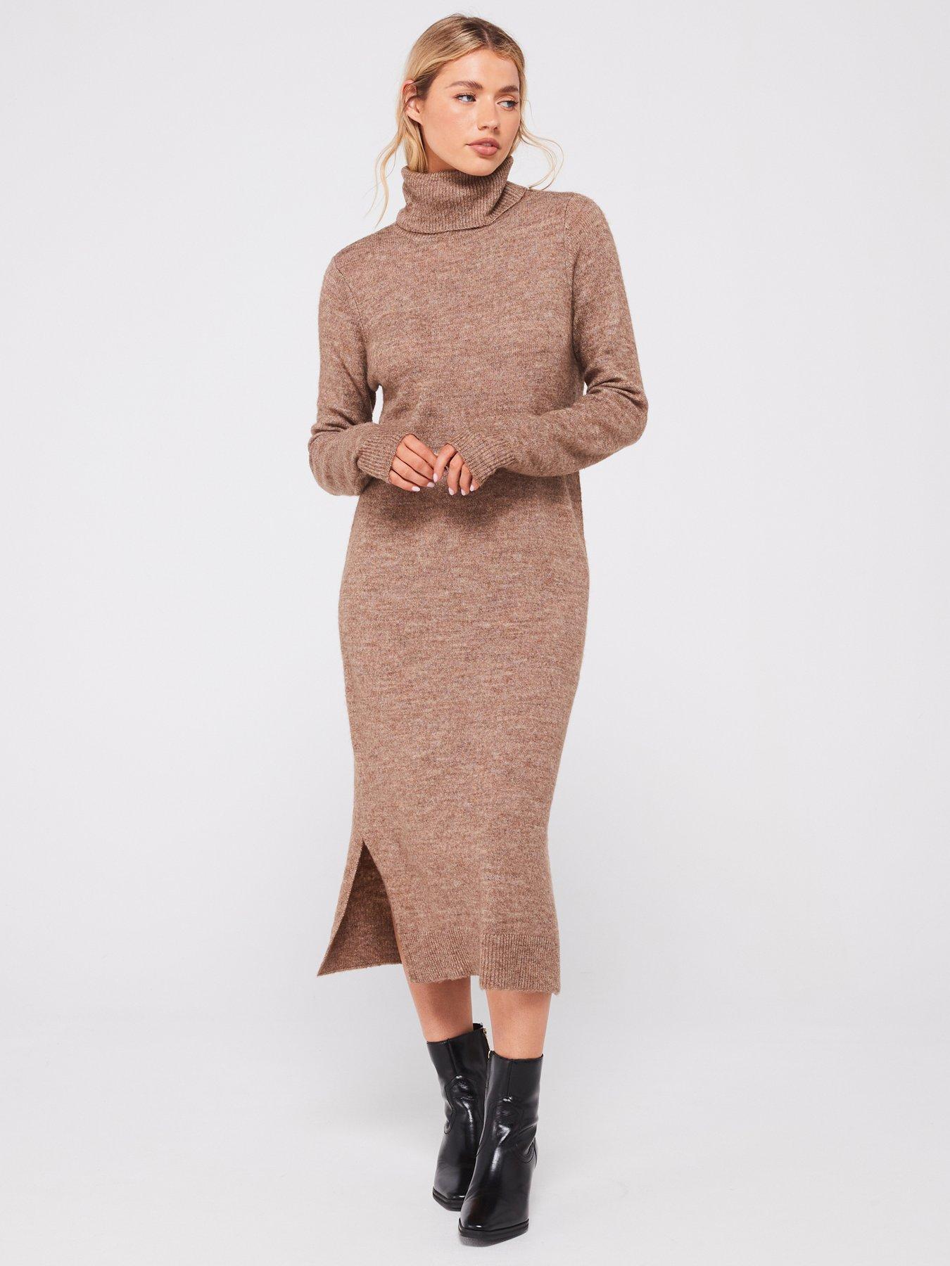 pieces-roll-neck-midi-knitted-dress-beige