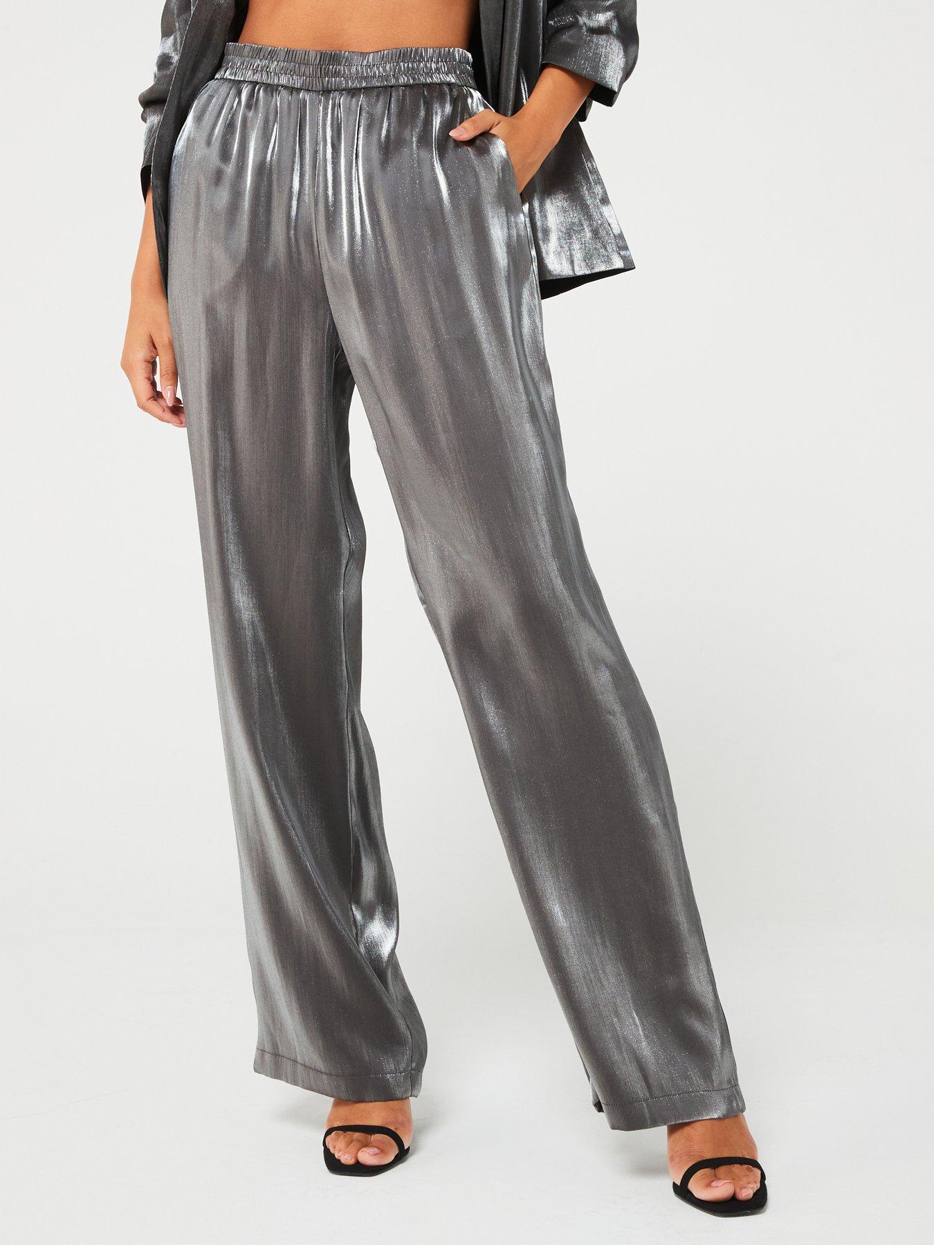 PIECES High Waist Elasticated Wide Leg Pant - Silver