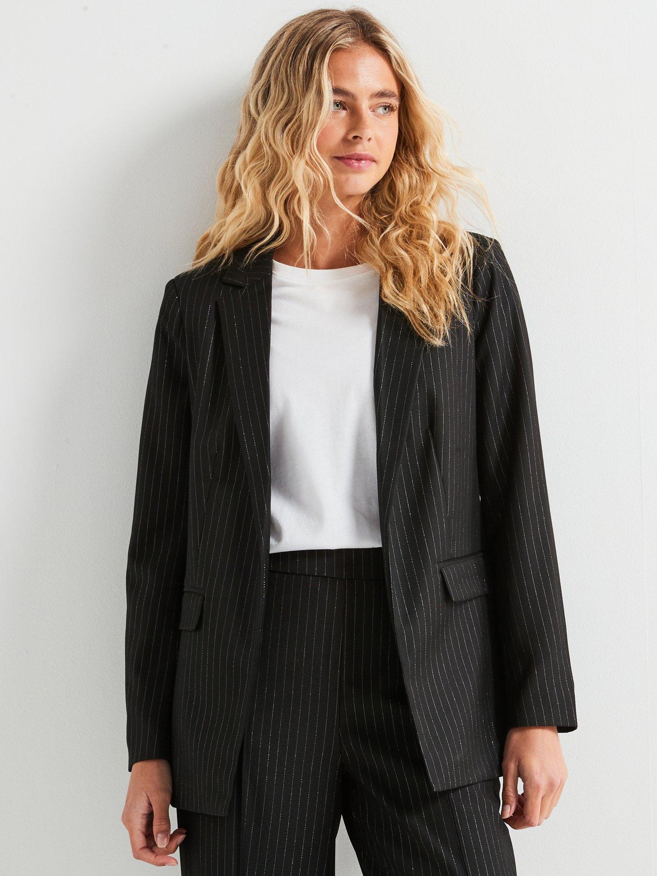 pieces-long-sleeve-sparkle-pin-stripe-blazer-black