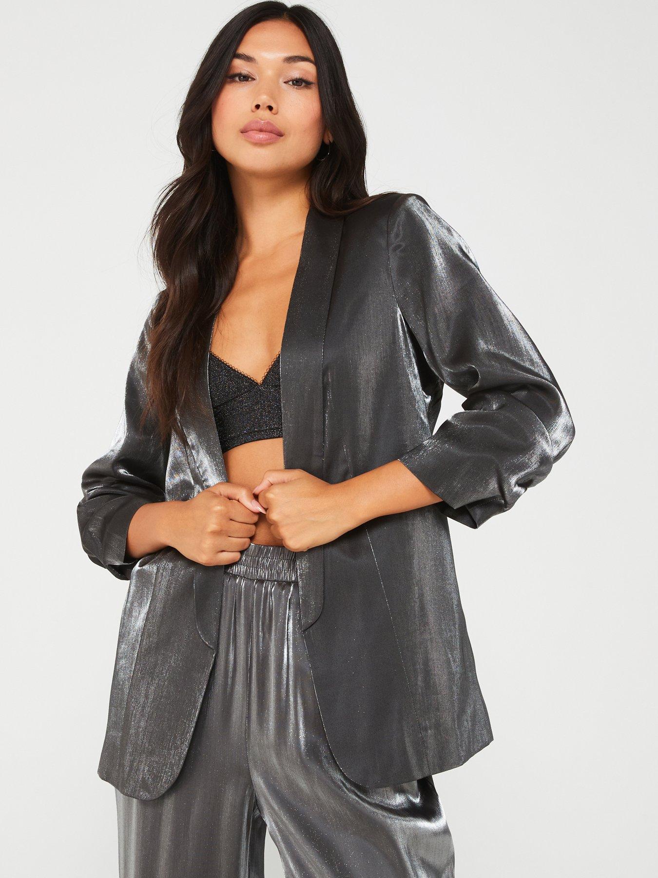 pieces-34-sleeve-metallic-blazer-silver