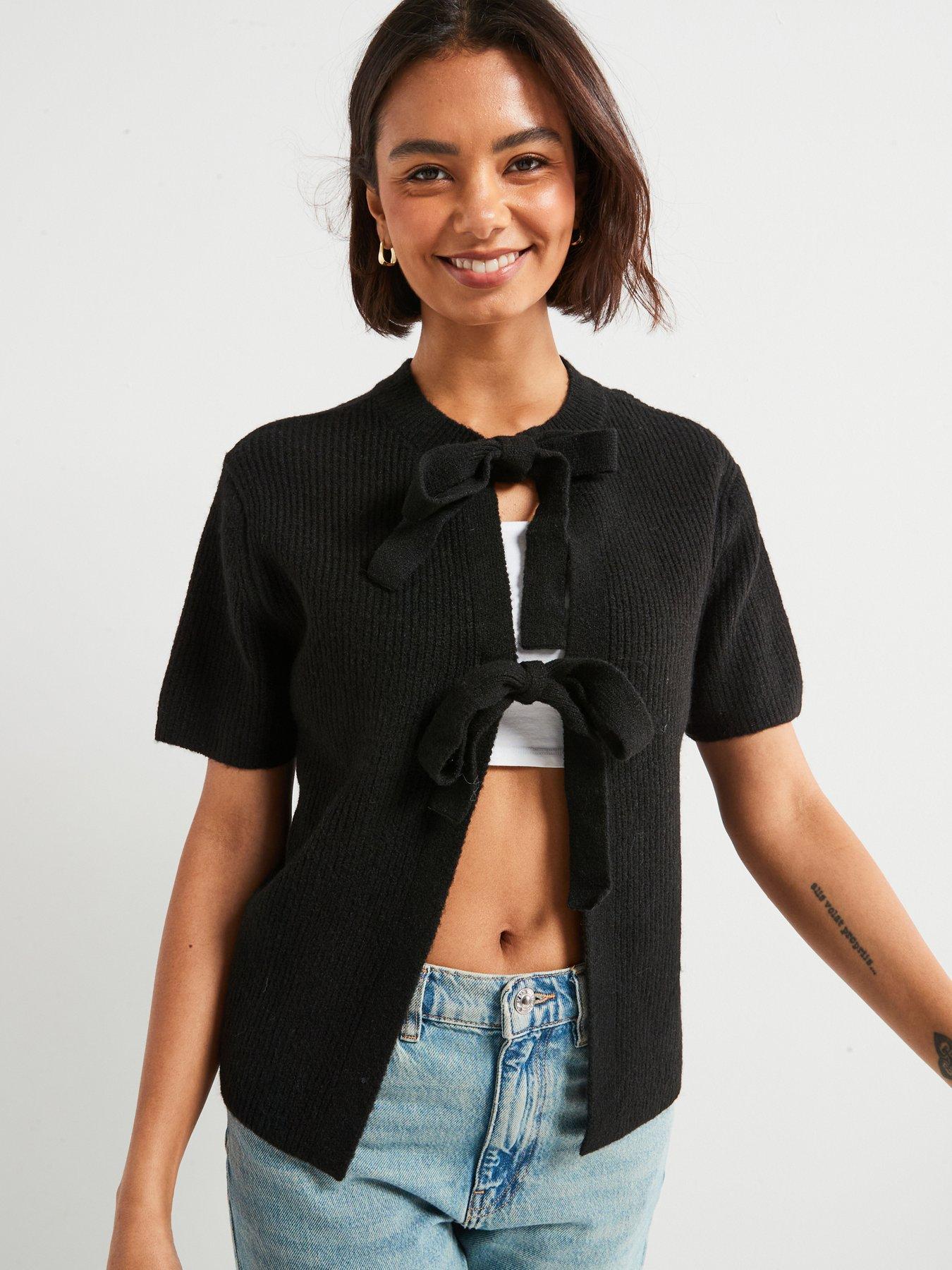 pieces-short-sleeve-tie-knitted-cardigan-black