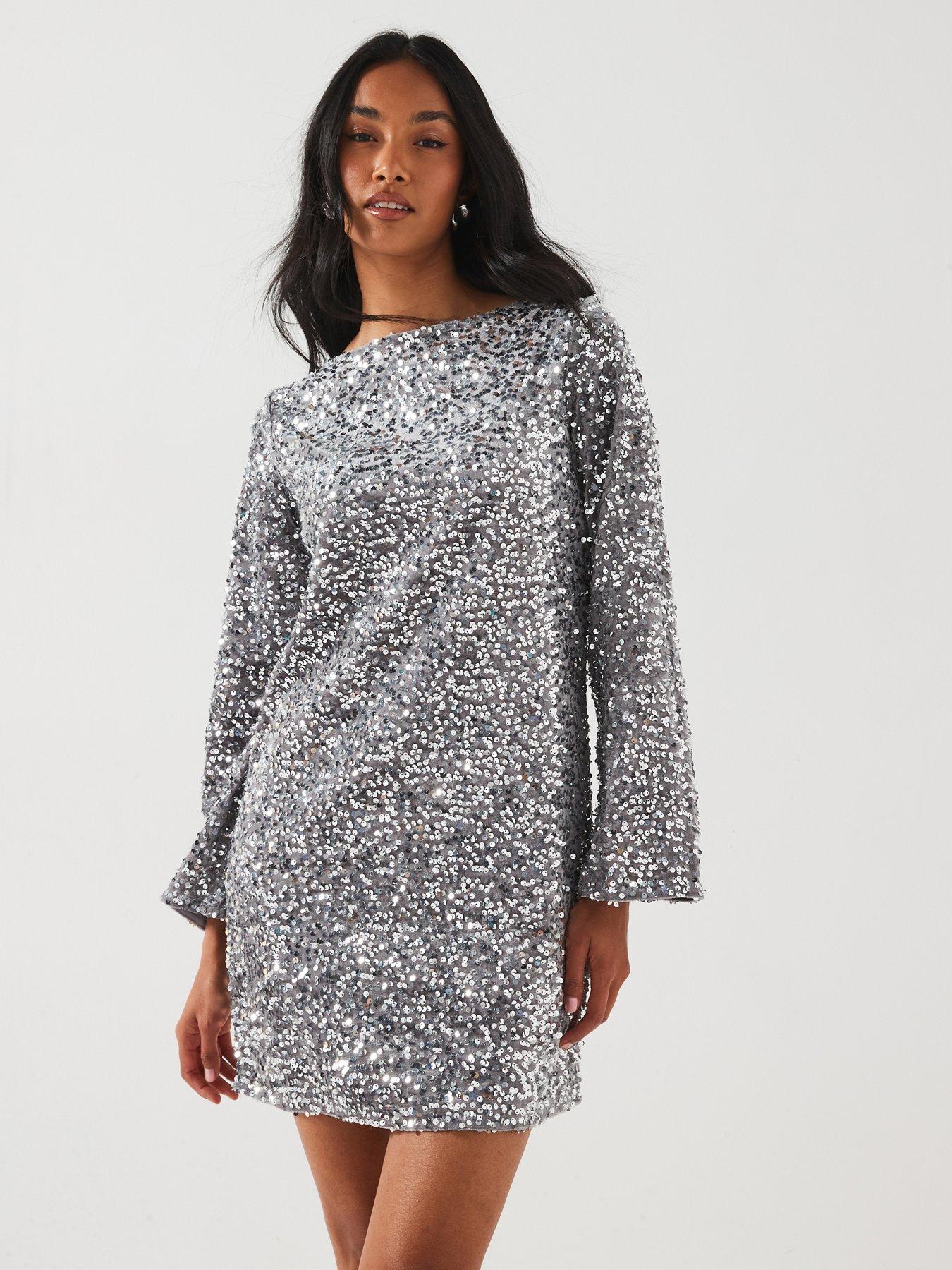 jdy-sequin-long-sleeve-bow-detail-mini-dress-silver