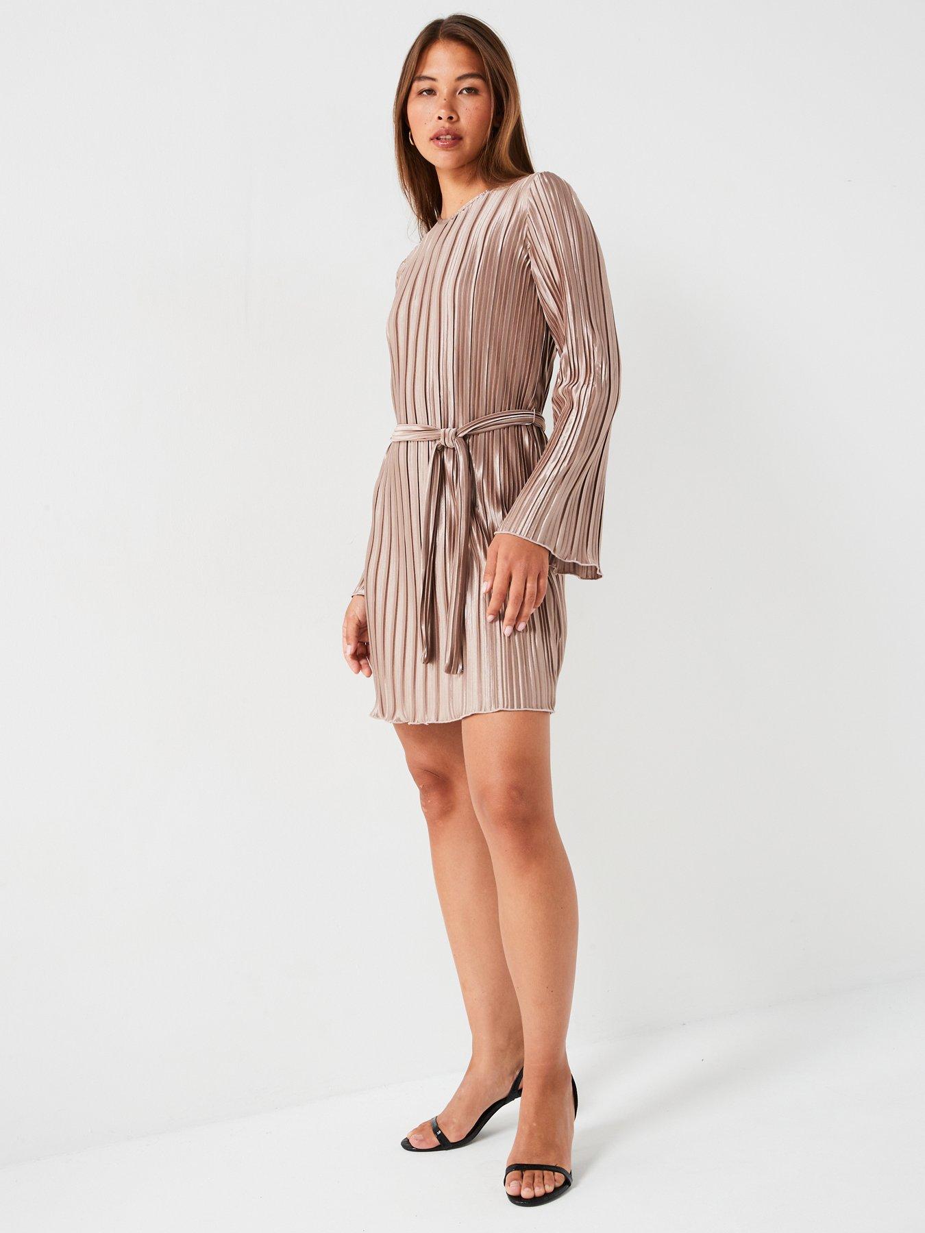 vero-moda-tie-waist-long-sleeve-pleated-mini-dress-bronze-brown