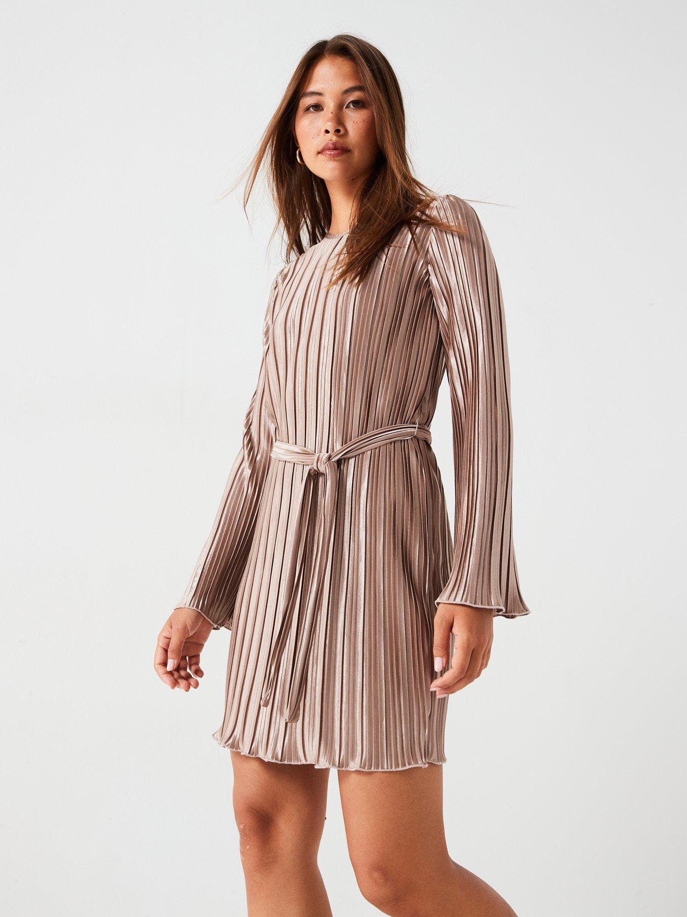 vero-moda-tie-waist-long-sleeve-pleated-mini-dress-bronze-brownback