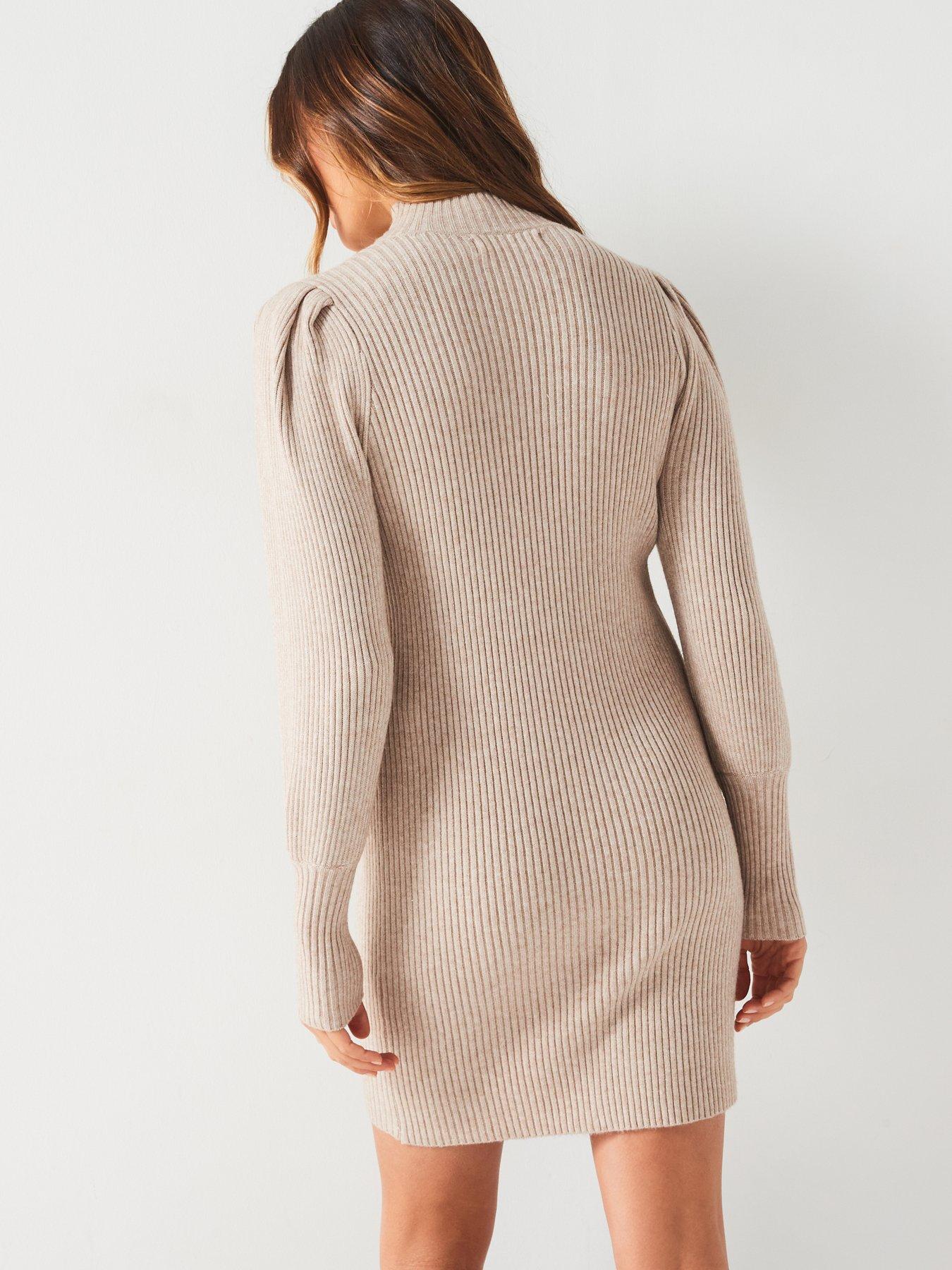 only-puff-sleeve-high-neck-knitted-mini-dress-beigestillFront