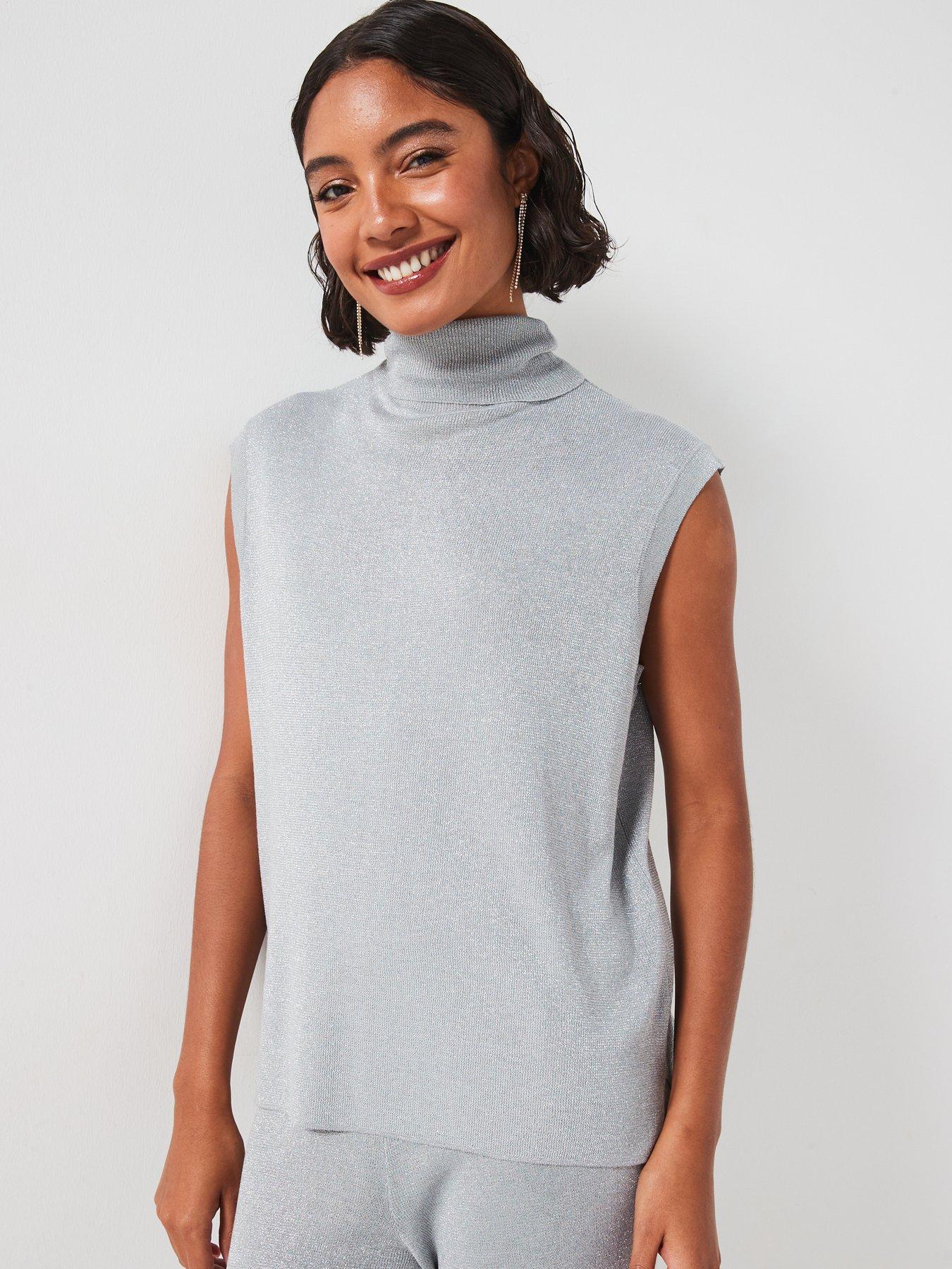 Image 2 of 5 of Vila Glitter High Neck Sleeveless Knitted Vest - Grey