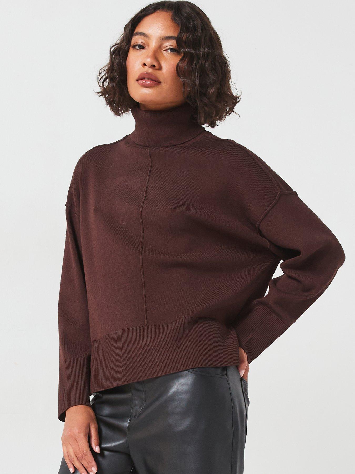 vila-knitted-roll-neck-long-sleeve-top-brown