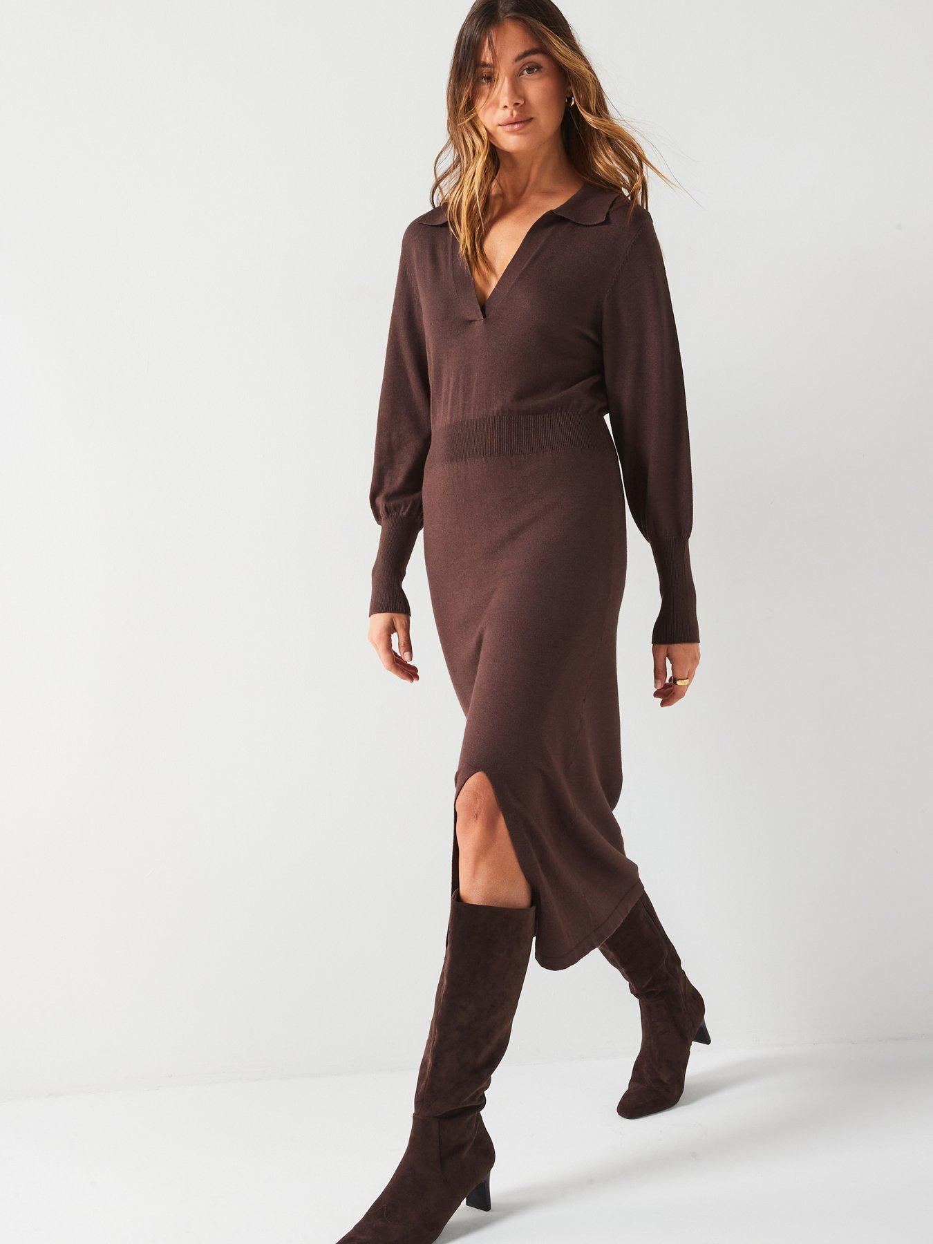 vila-collar-rib-knit-midi-dress-brown