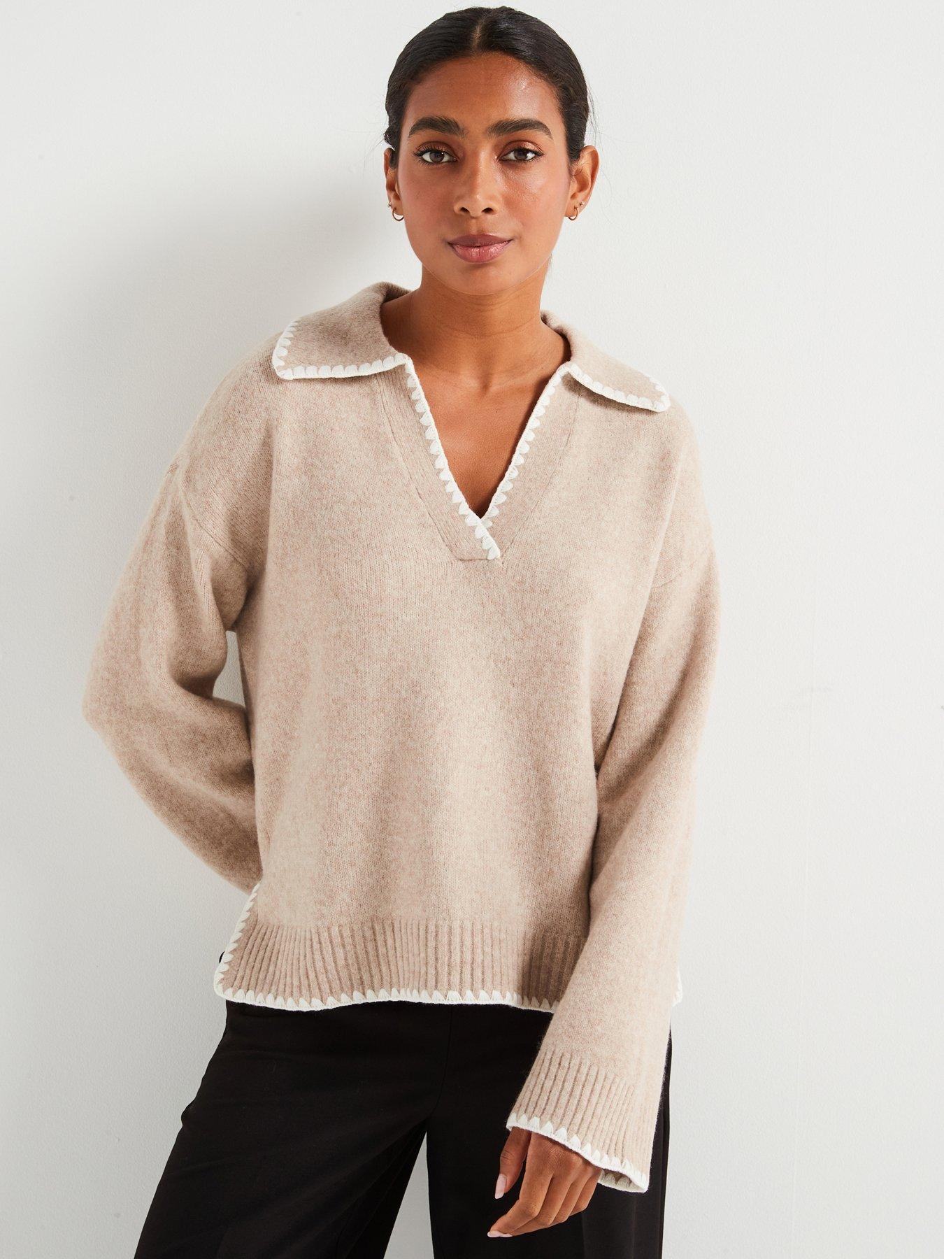 vila-contrast-trim-collar-neck-knitted-jumper-beige