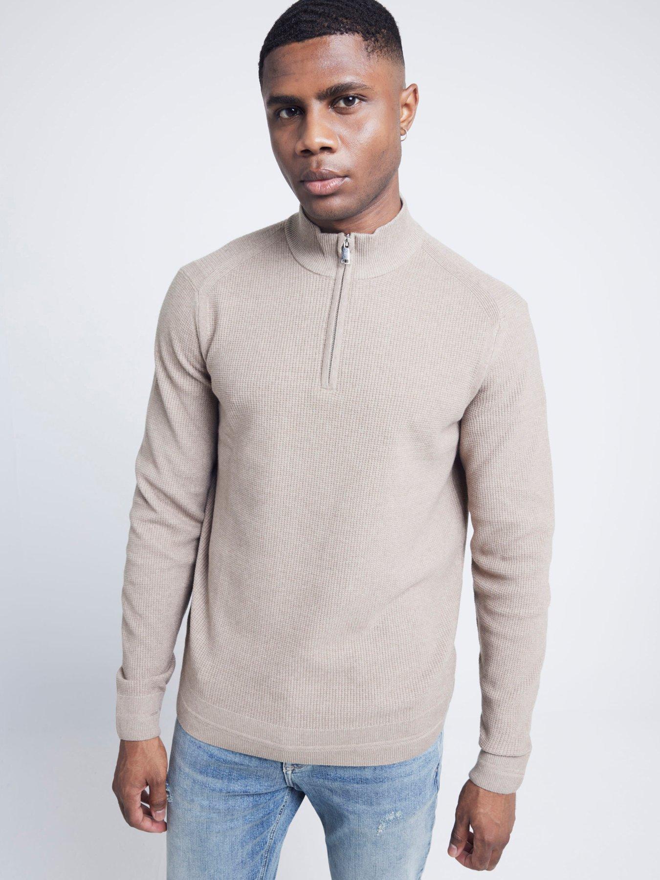 river-island-spence-waffle-14-zip-knitted-jumper-beige