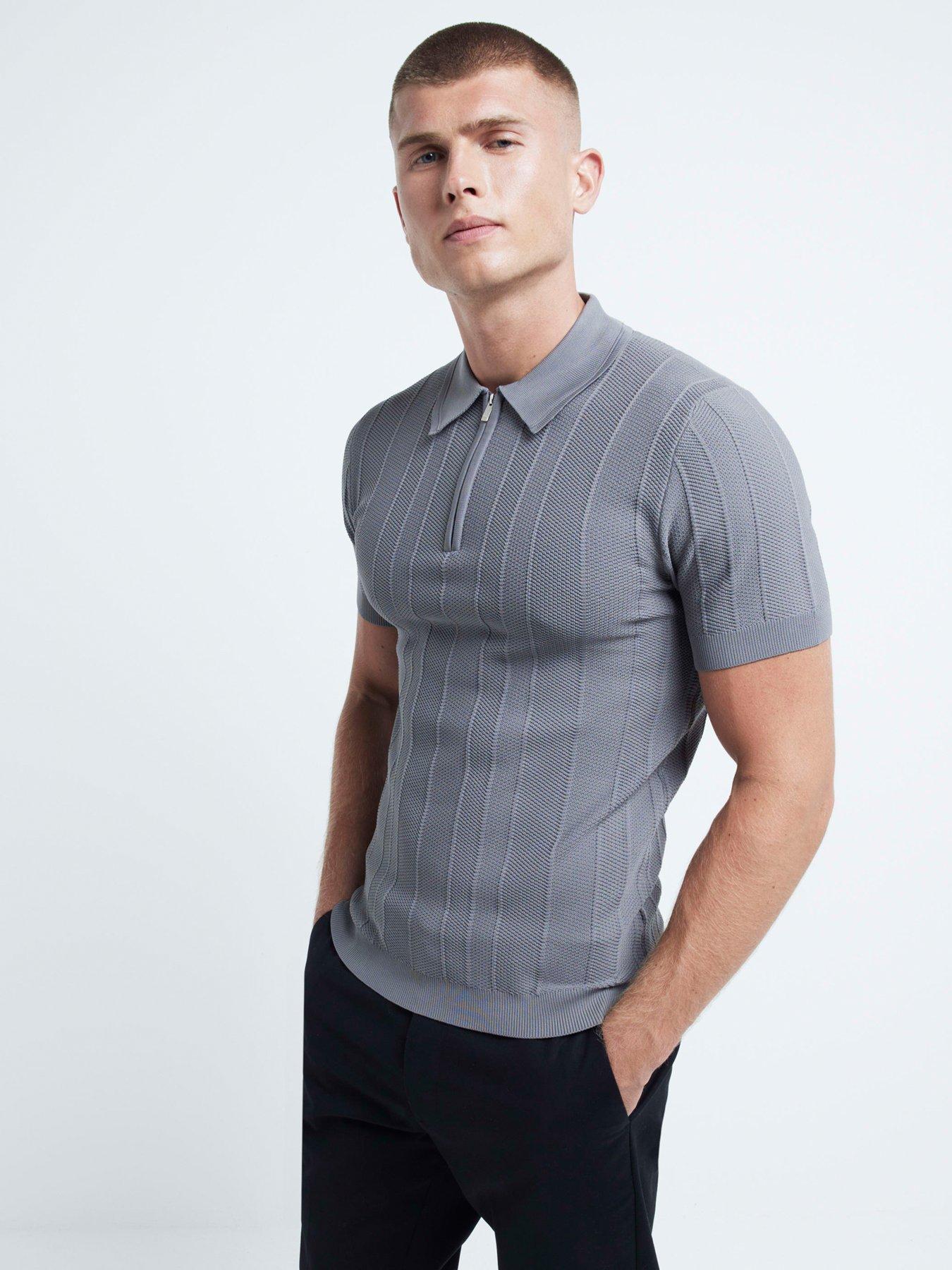 river-island-river-island-short-sleeve-knitted-herringbone-muscle-fit-polo-shirt