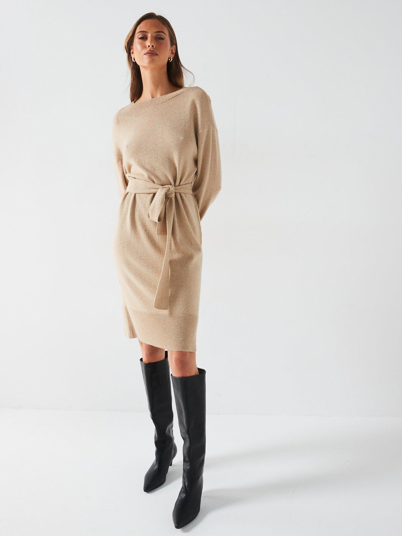 armani-exchange-metallic-wool-cashmere-blend-belted-dress-goldback