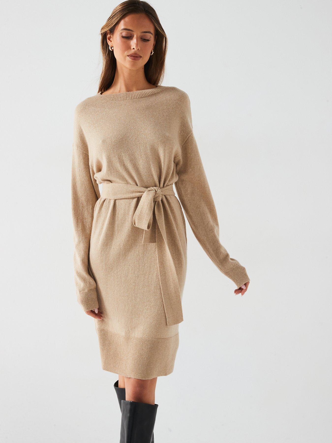 armani-exchange-metallic-wool-cashmere-blend-belted-dress-golddetail