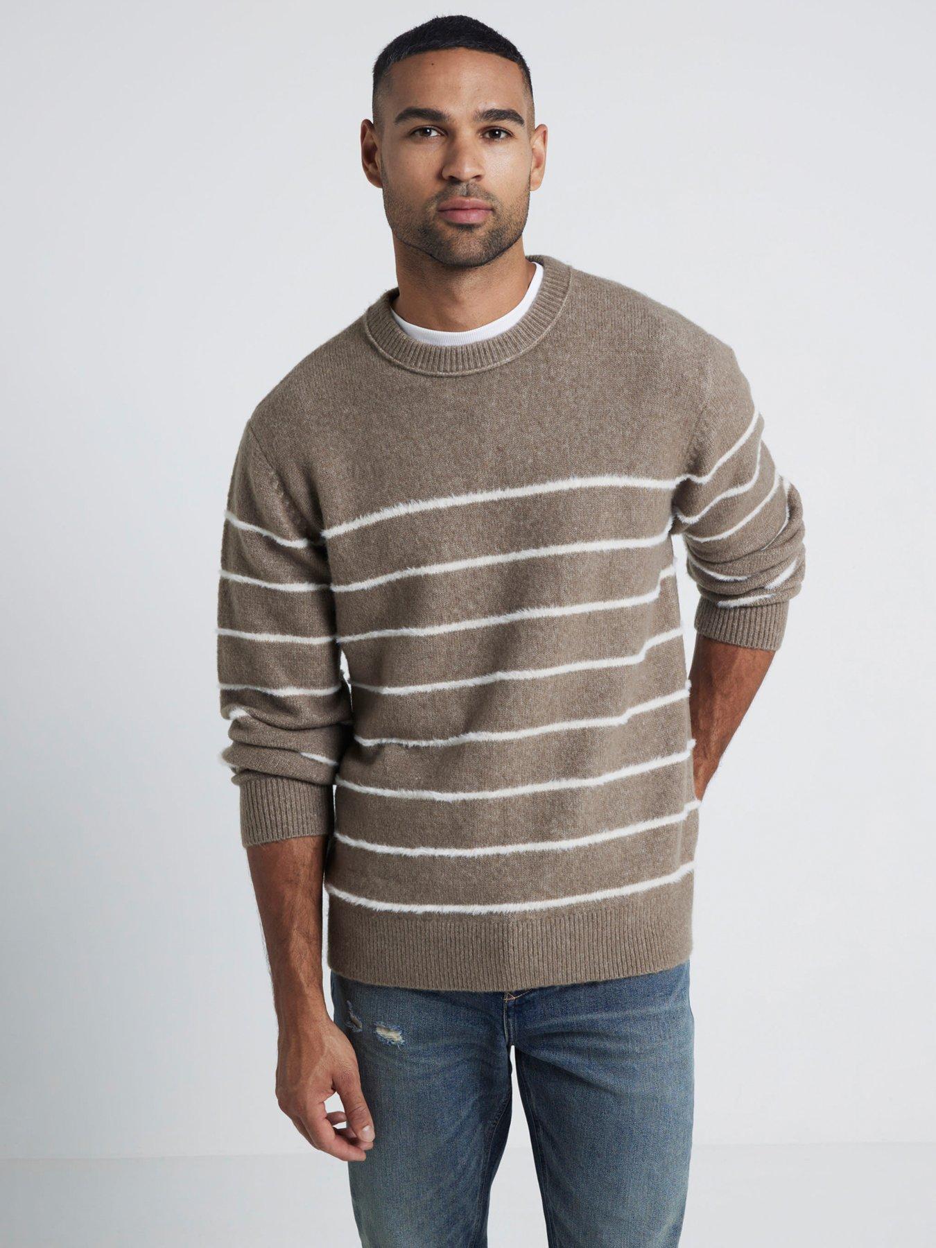 undefined Brushed Stripe Crew Neck Knitted Jumper - Beige