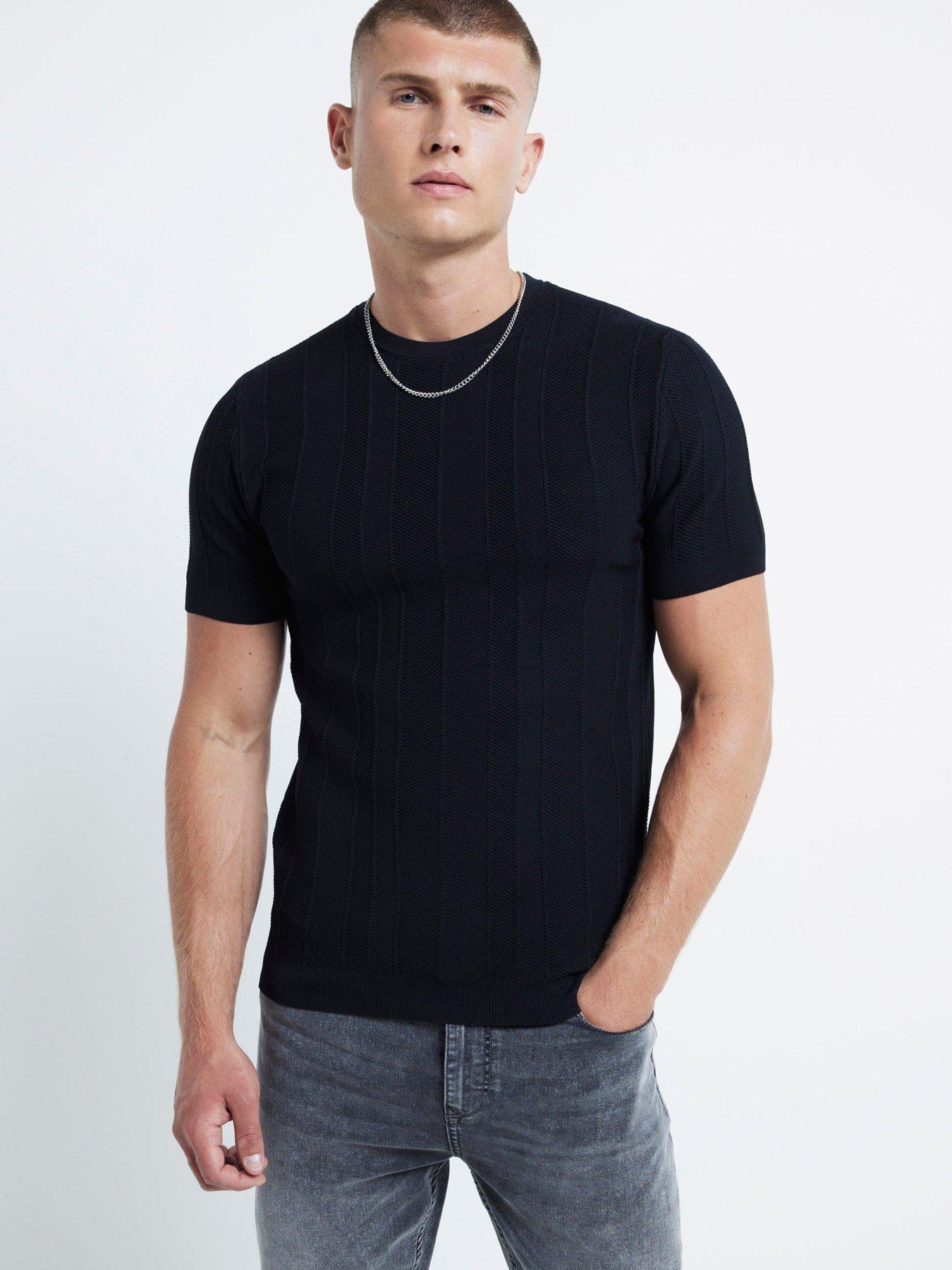 river-island-short-sleeve-knitted-herringbone-muscle-fit-t-shirt-black