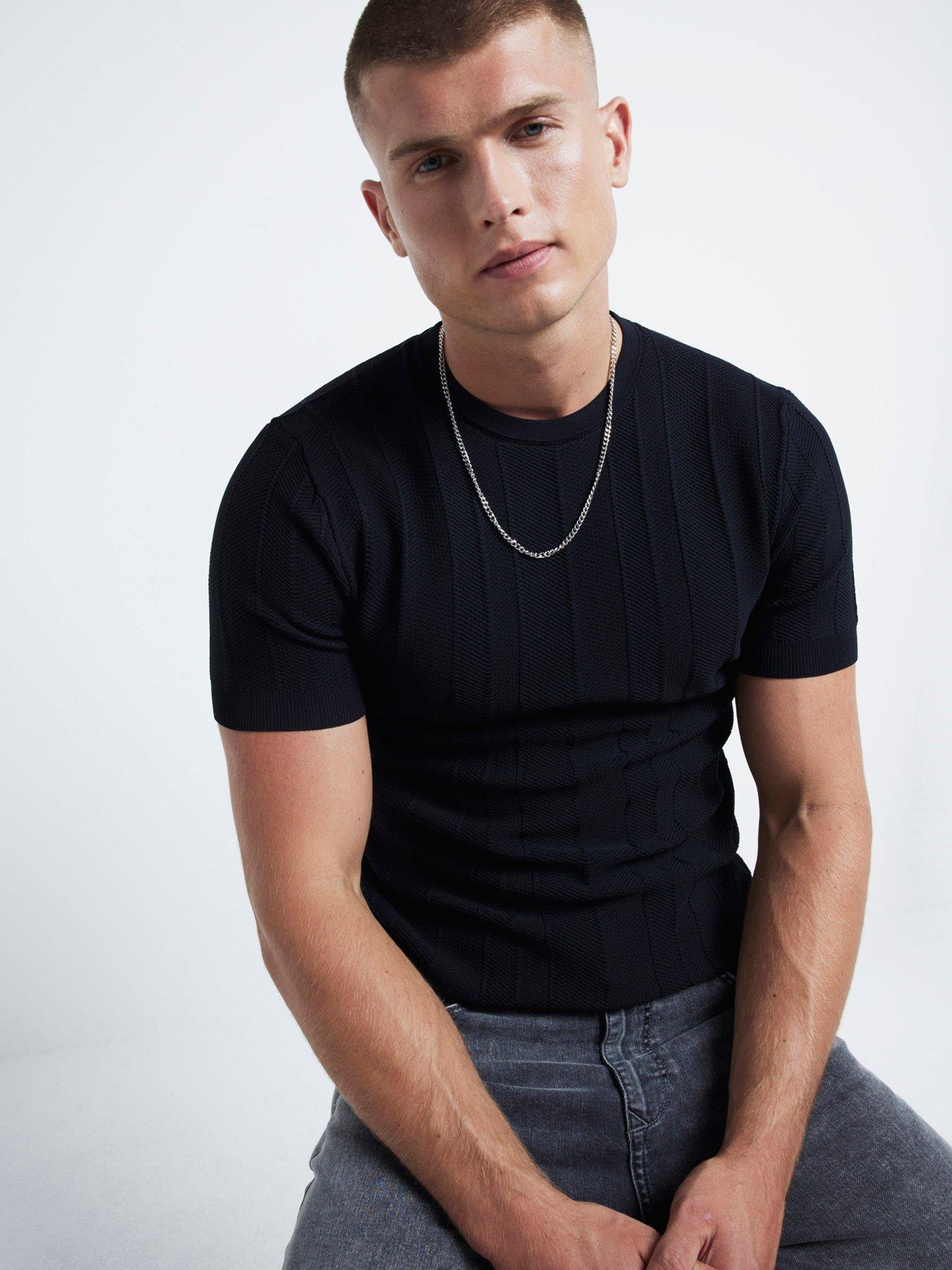 river-island-short-sleeve-knitted-herringbone-muscle-fit-t-shirt-blackoutfit