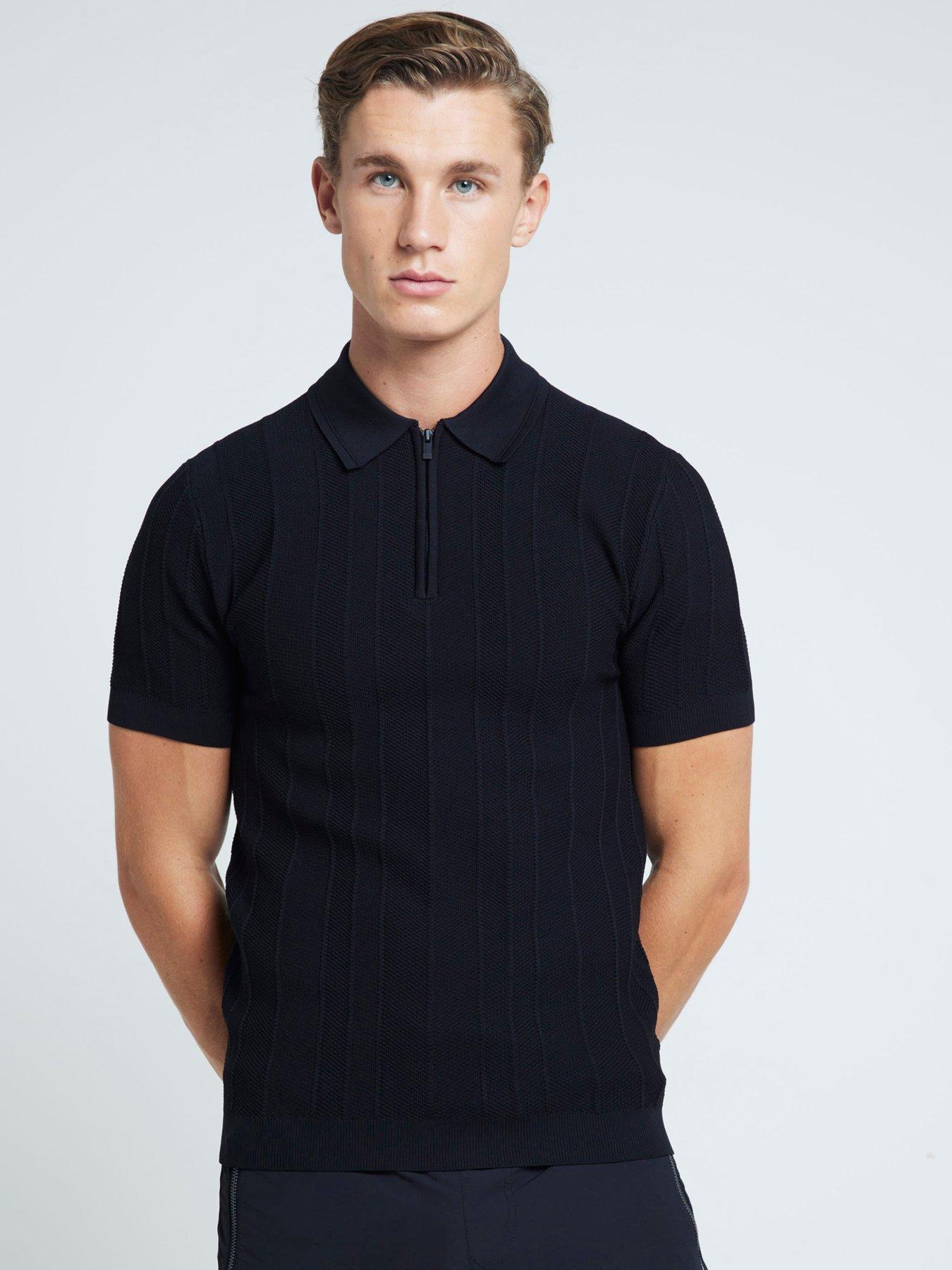 river-island-short-sleeve-knitted-herringbone-muscle-fit-polo-shirt-black