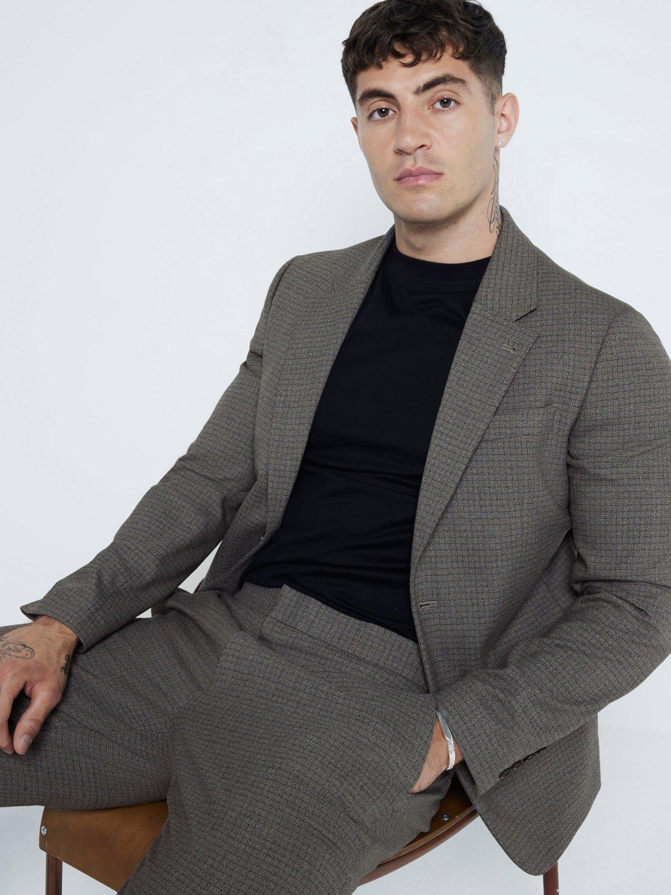 Image 3 of 6 of River Island Single Breasted Microcheck Suit Jacket - Light Brown