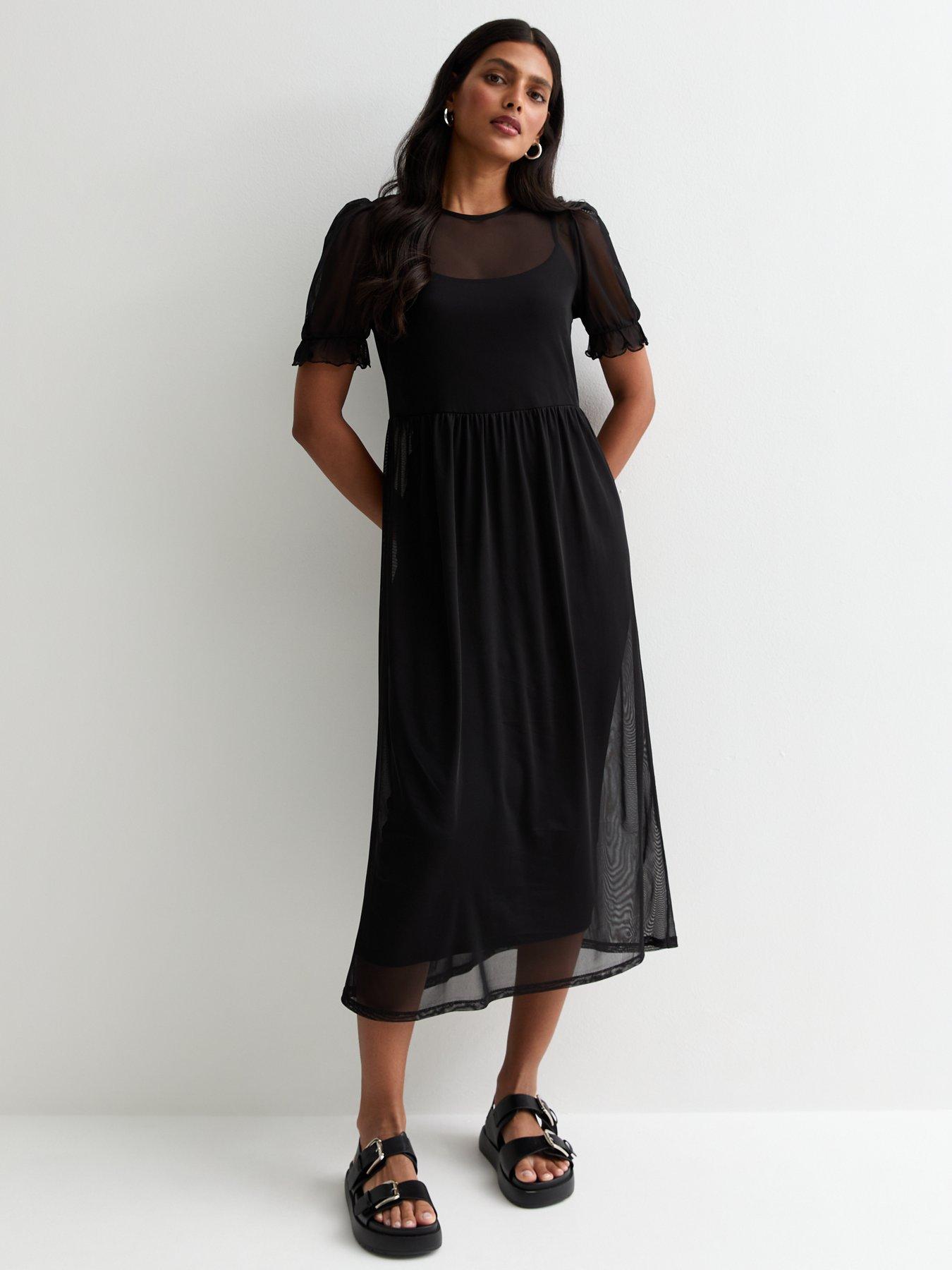 new-look-black-mesh-midi-smock-dress