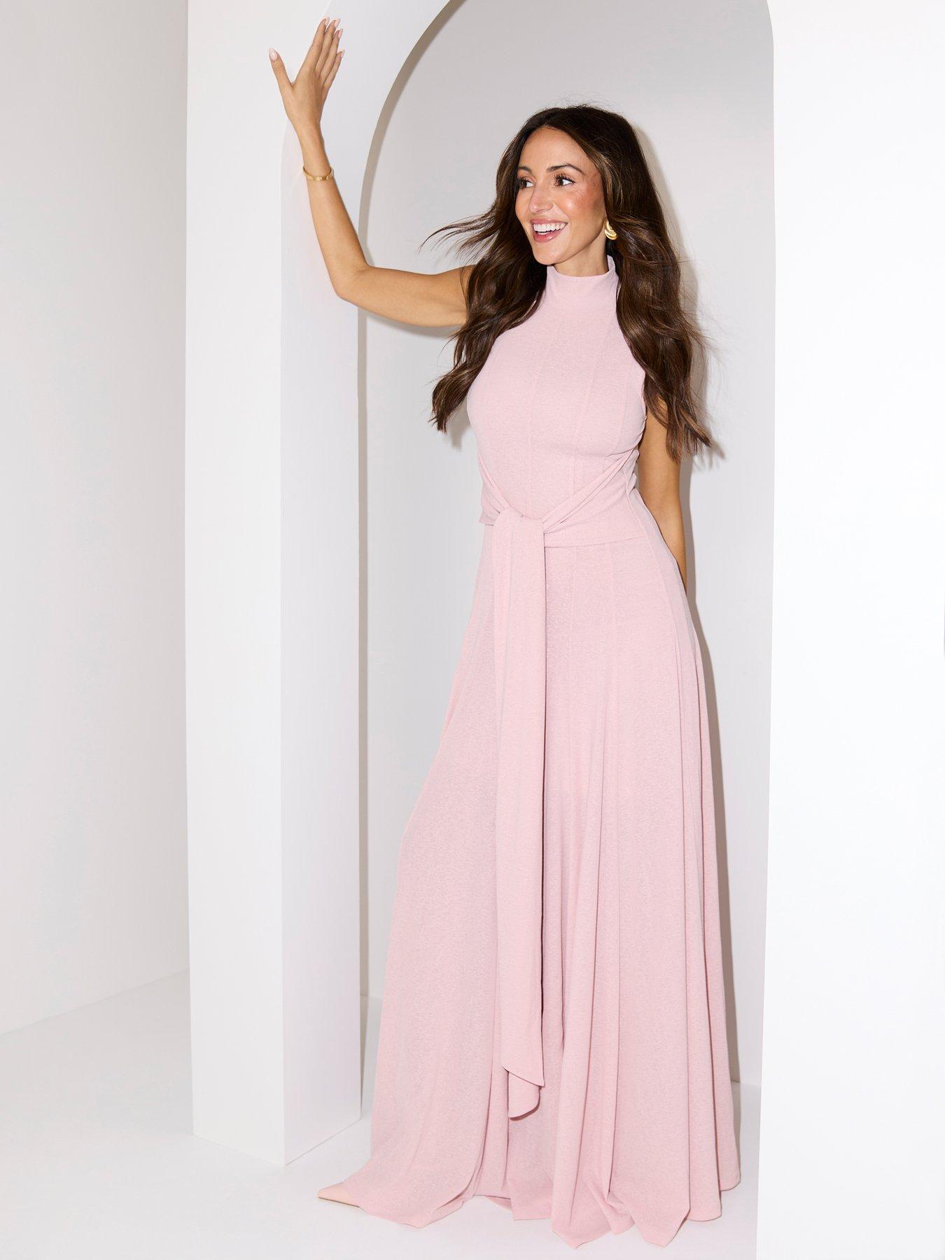 Image of Michelle Keegan Tie Waisted Seam Midaxi Dress - Pink