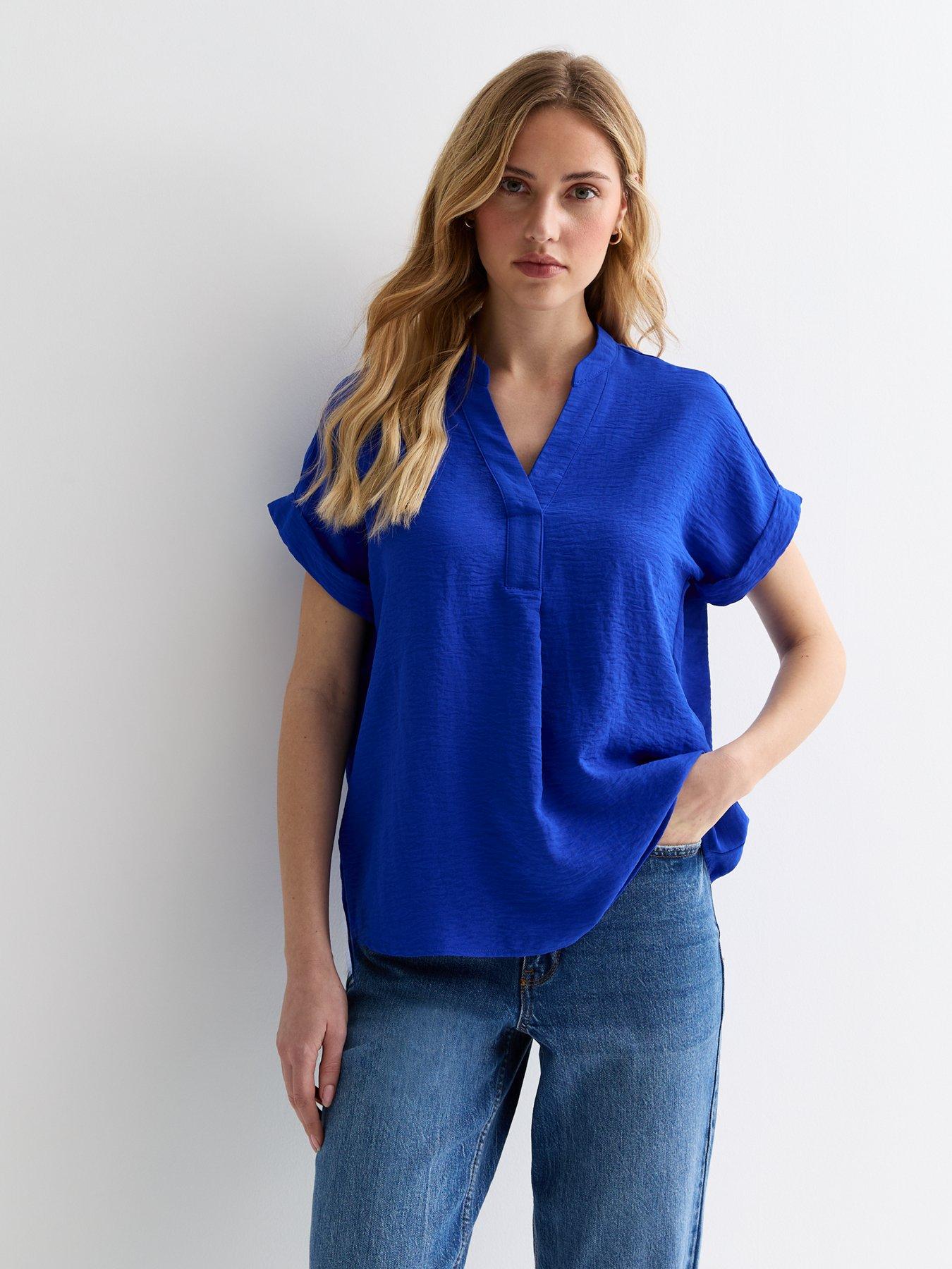 new-look-bright-blue-v-neck-roll-sleeve-top