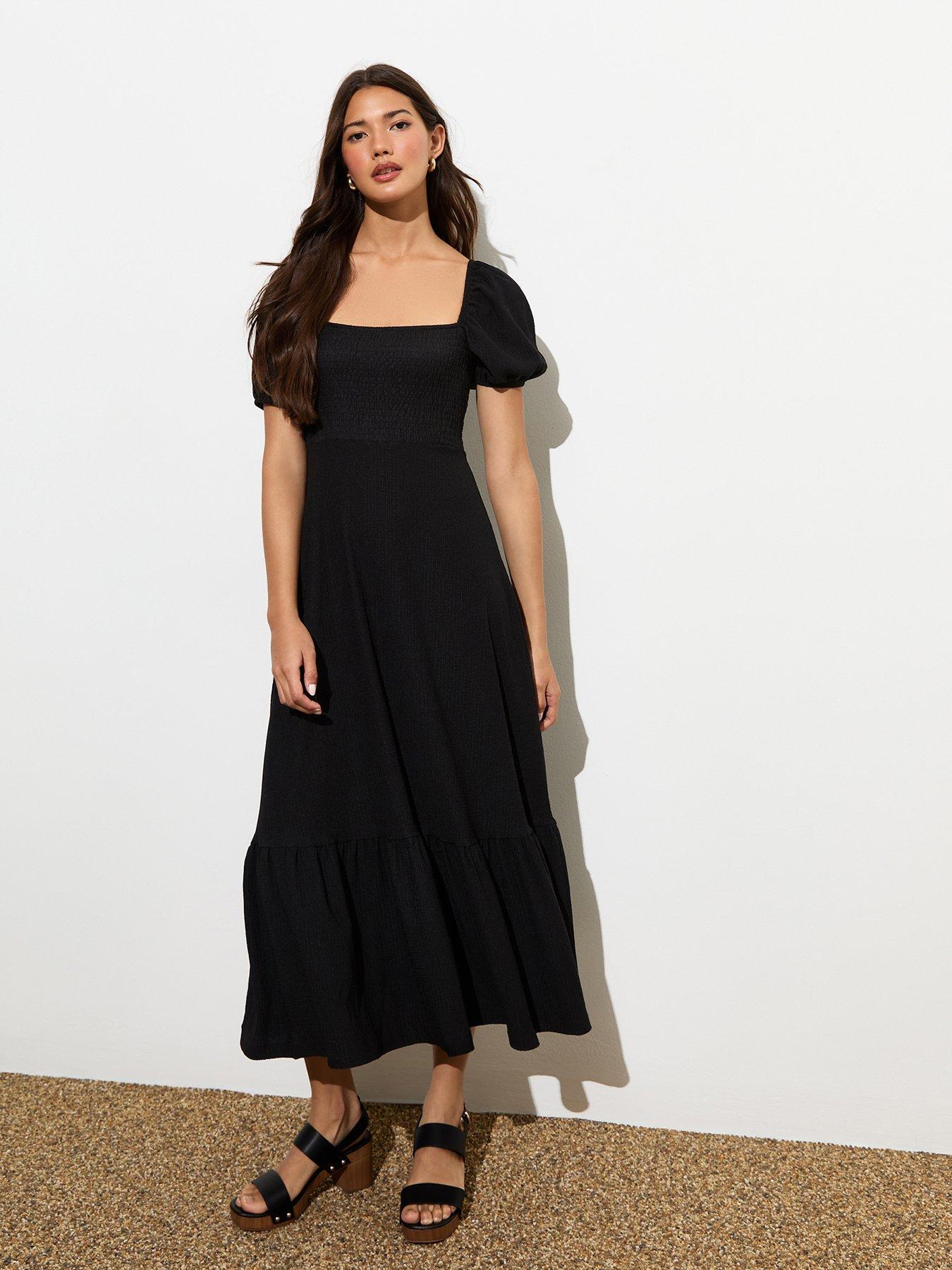 new-look-black-smocked-short-sleeve-midi-dressfront