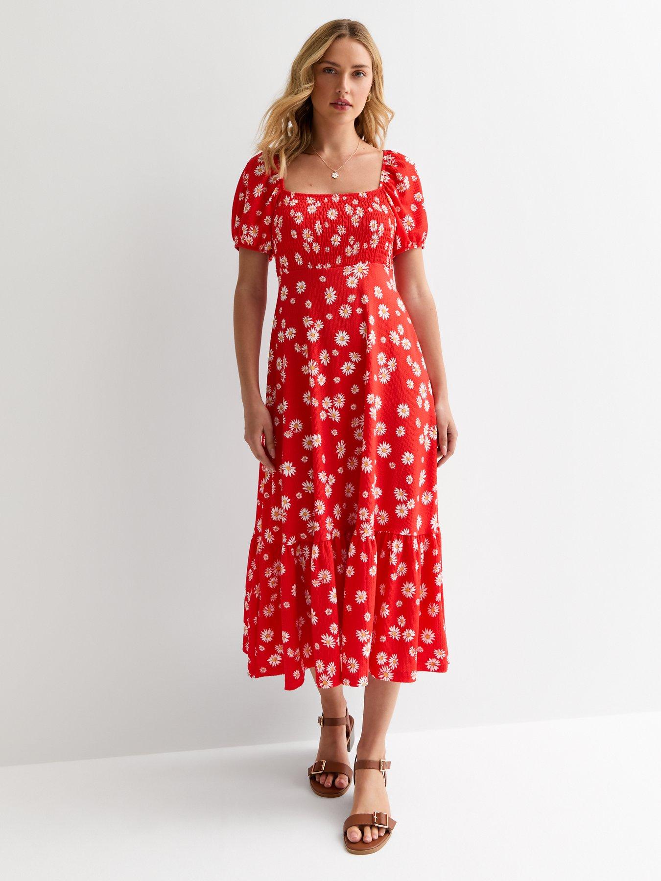 new-look-red-floral-print-square-neck-smocked-midi-dress