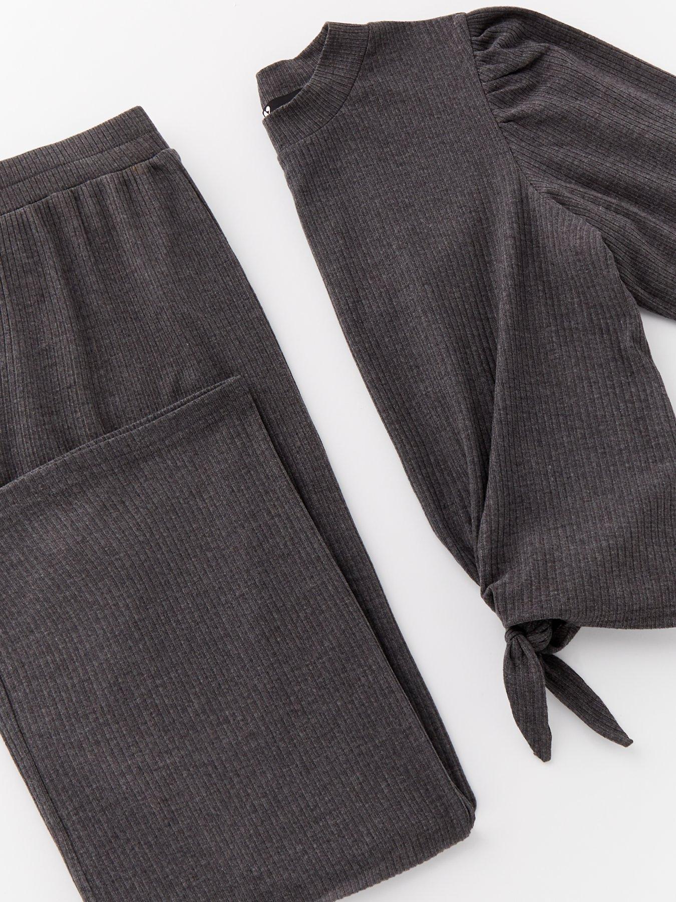 v-by-very-girls-dark-grey-snit-tie-front-crew-neck-jumper-and-trouser-setdetail